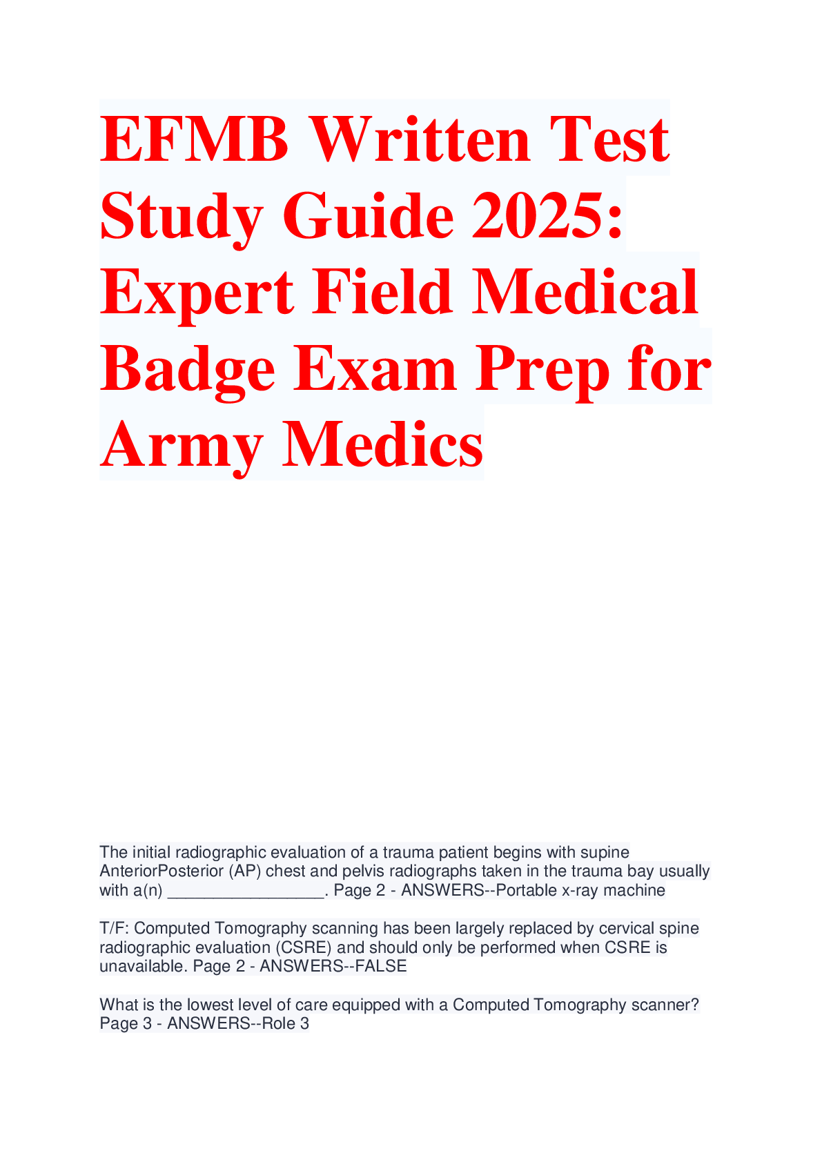 Preview image for EFMB Written Test  Study Guide 2025:  Expert Field Medical  Badge Exam Prep for  Army Medics