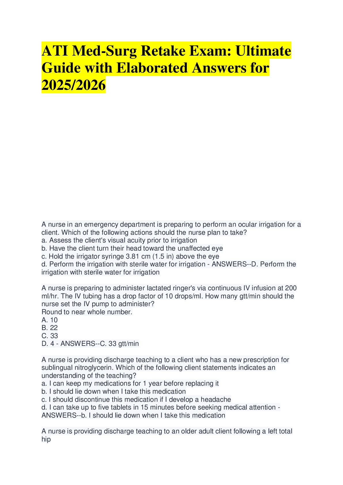 Preview image for ATI Med-Surg Retake Exam: Ultimate  Guide with Elaborated Answers for  2025/2026