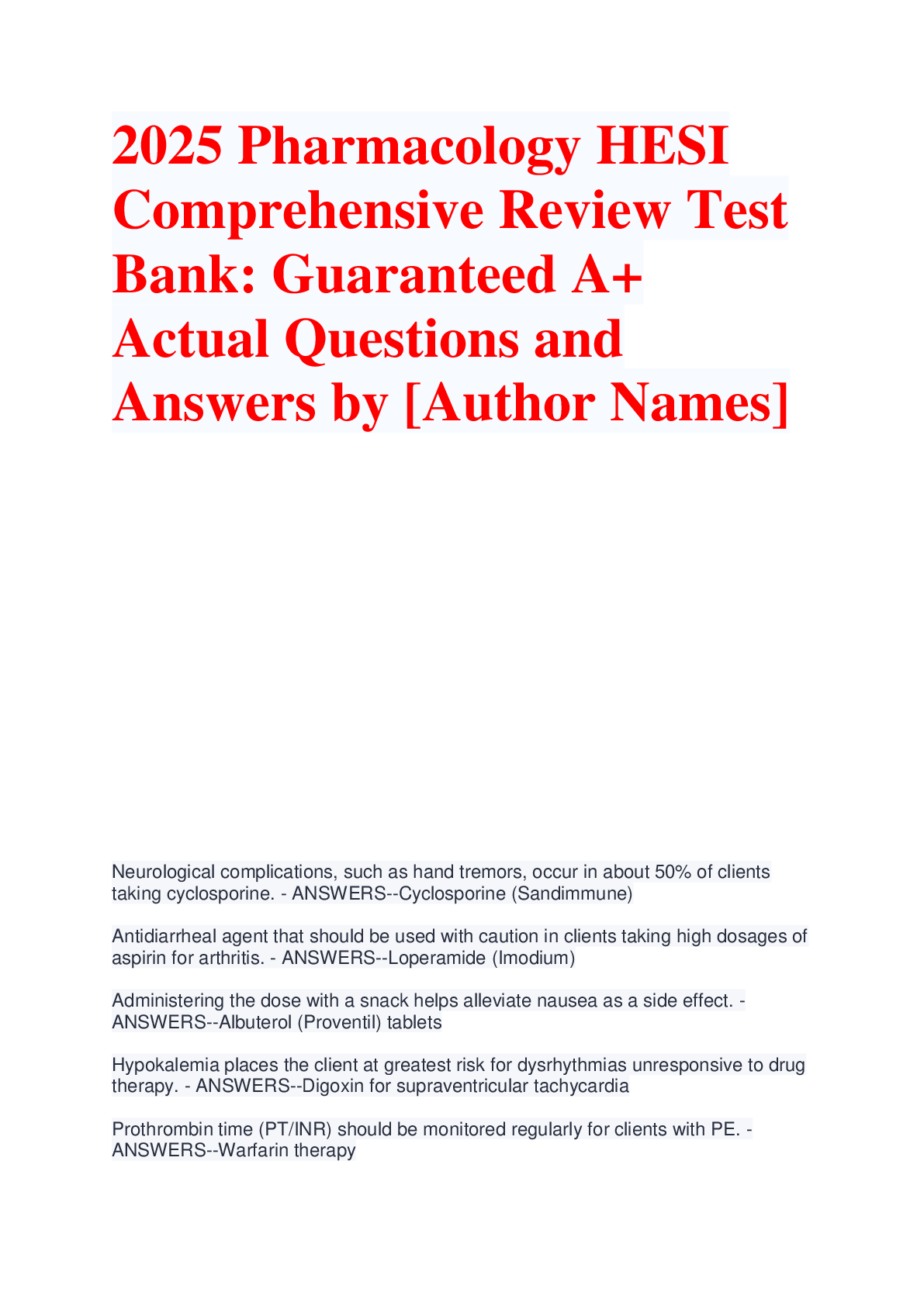 Preview image for 2025 Pharmacology HESI  Comprehensive Review Test  Bank: Guaranteed A+  Actual Questions and  Answers by [Author Names]