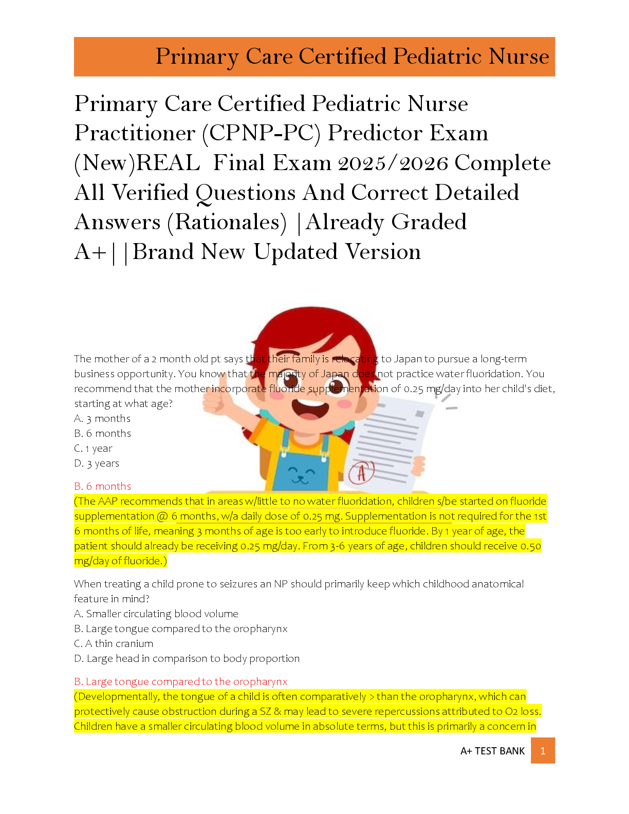Primary Care Certified Pediatric Nurse  Practitioner (CPNP-PC) Predictor Exam  (New)REAL  Final Exam 2025/2026 Complete  All Verified Questions And Correct Detailed  Answers (Rationales) |Already Graded  A+||Brand New Updated Version