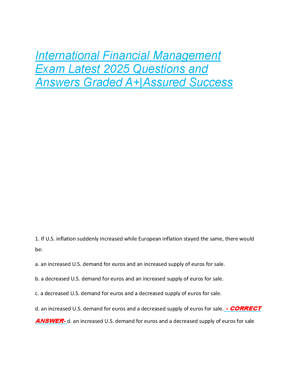 Preview of International Financial Management  Exam Latest 2025 Questions and  Answers Graded A+|Assured Success