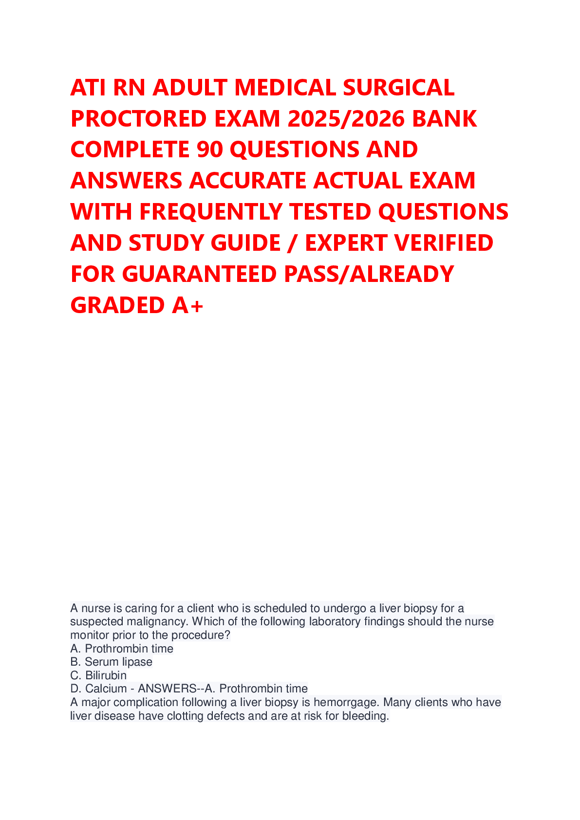Preview image for ATI RN ADULT MEDICAL SURGICAL  PROCTORED EXAM 2025/2026 BANK  COMPLETE 90 QUESTIONS AND  ANSWERS ACCURATE ACTUAL EXAM  WITH FREQUENTLY TESTED QUESTIONS  AND STUDY GUIDE / EXPERT VERIFIED  FOR GUARANTEED PASS/ALREADY  GRADED A+