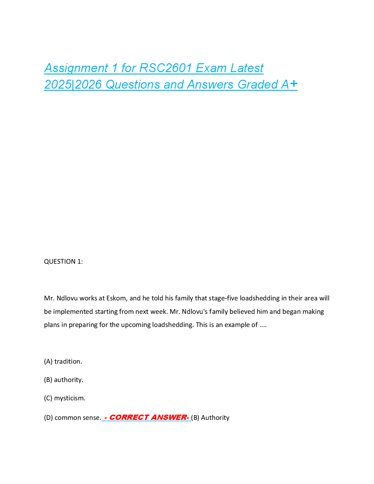 Preview of Assignment 1 for RSC2601 Exam Latest  2025|2026 Questions and Answers Graded A+