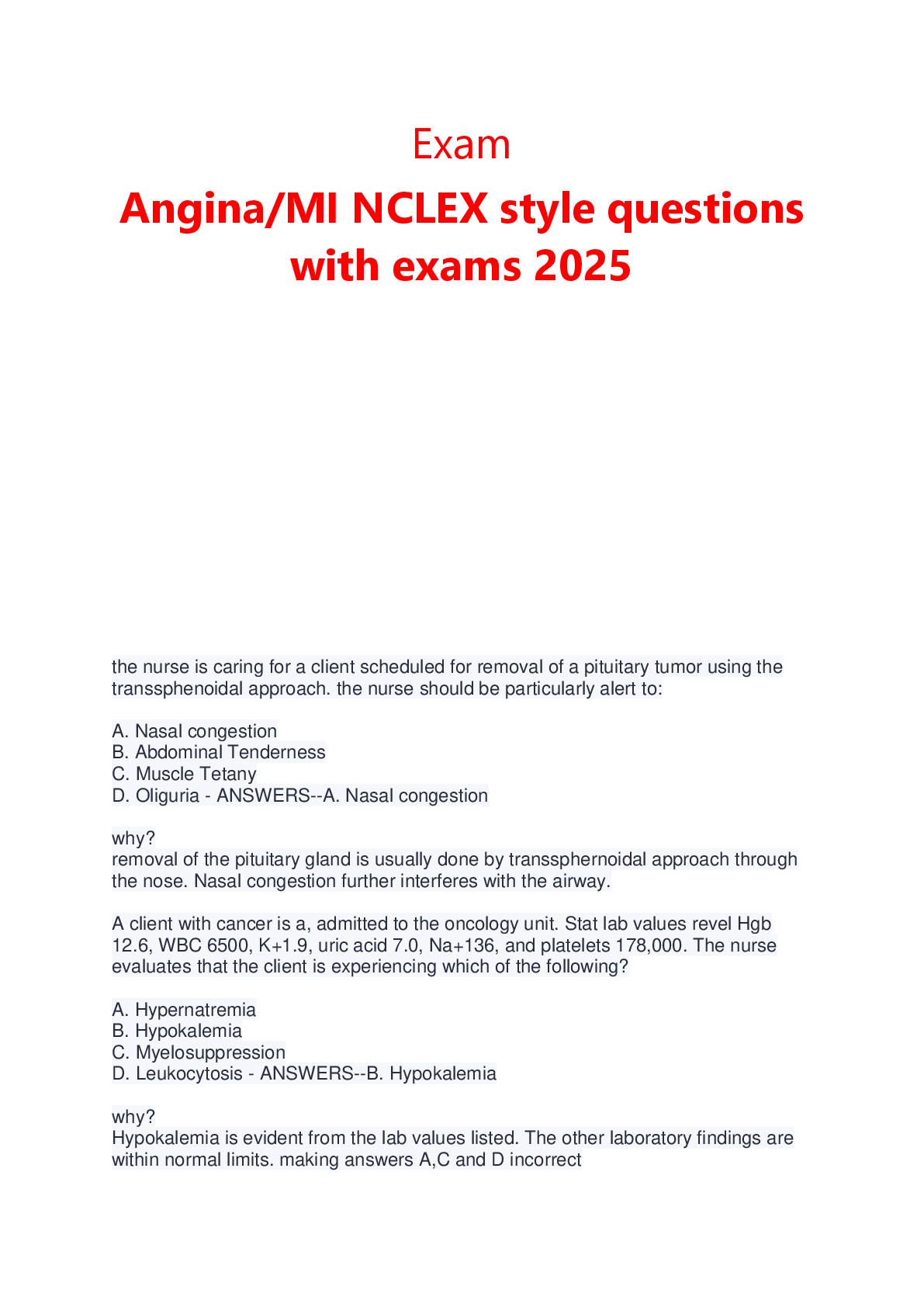Preview image for Exam Angina/MI NCLEX style questions  with exams 2025
