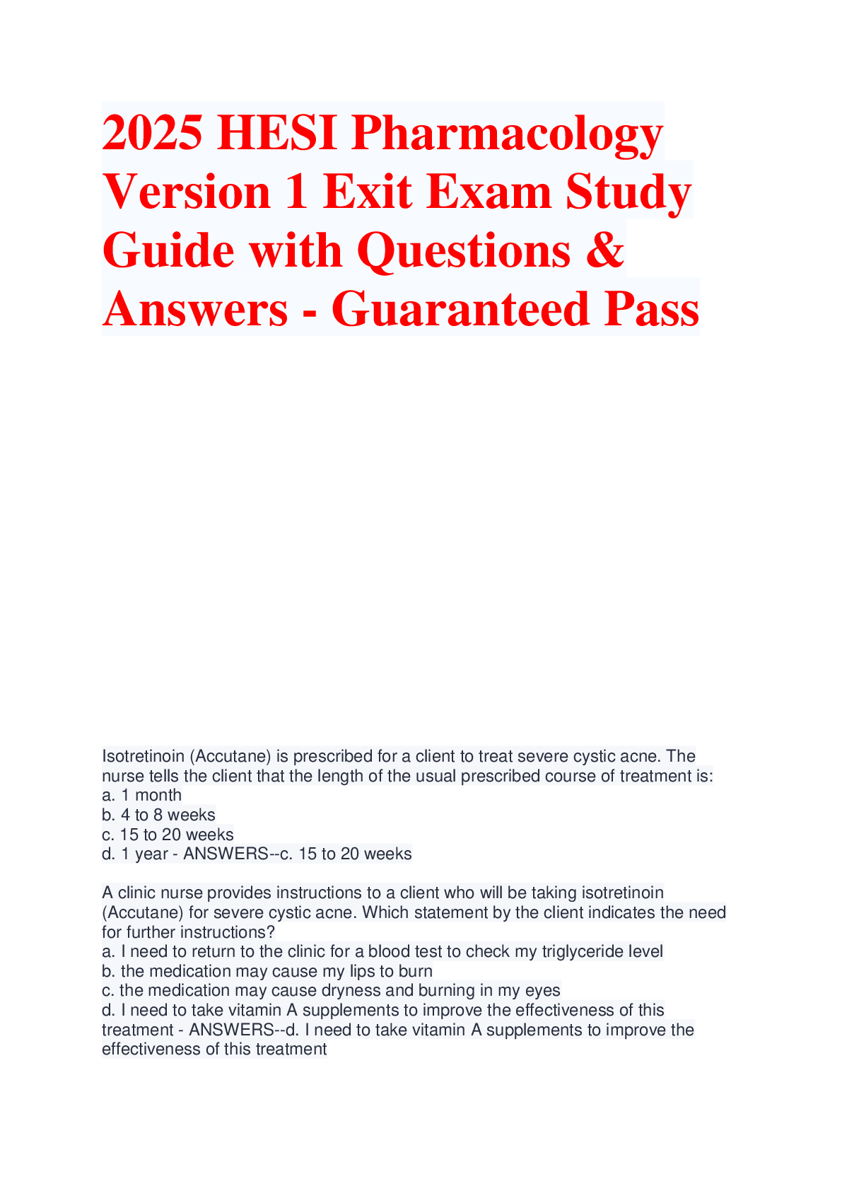 Preview of 2025 HESI Pharmacology  Version 1 Exit Exam Study  Guide with Questions &amp;  Answers - Guaranteed Pass