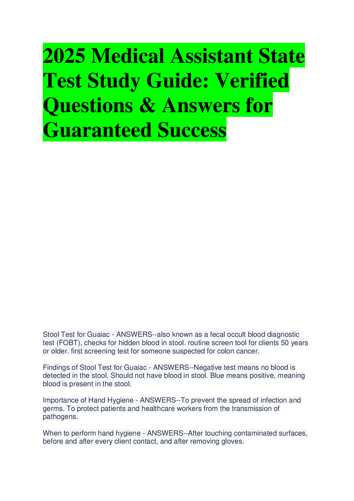 Preview image for 2025 Medical Assistant State  Test Study Guide: Verified  Questions & Answers for  Guaranteed Success