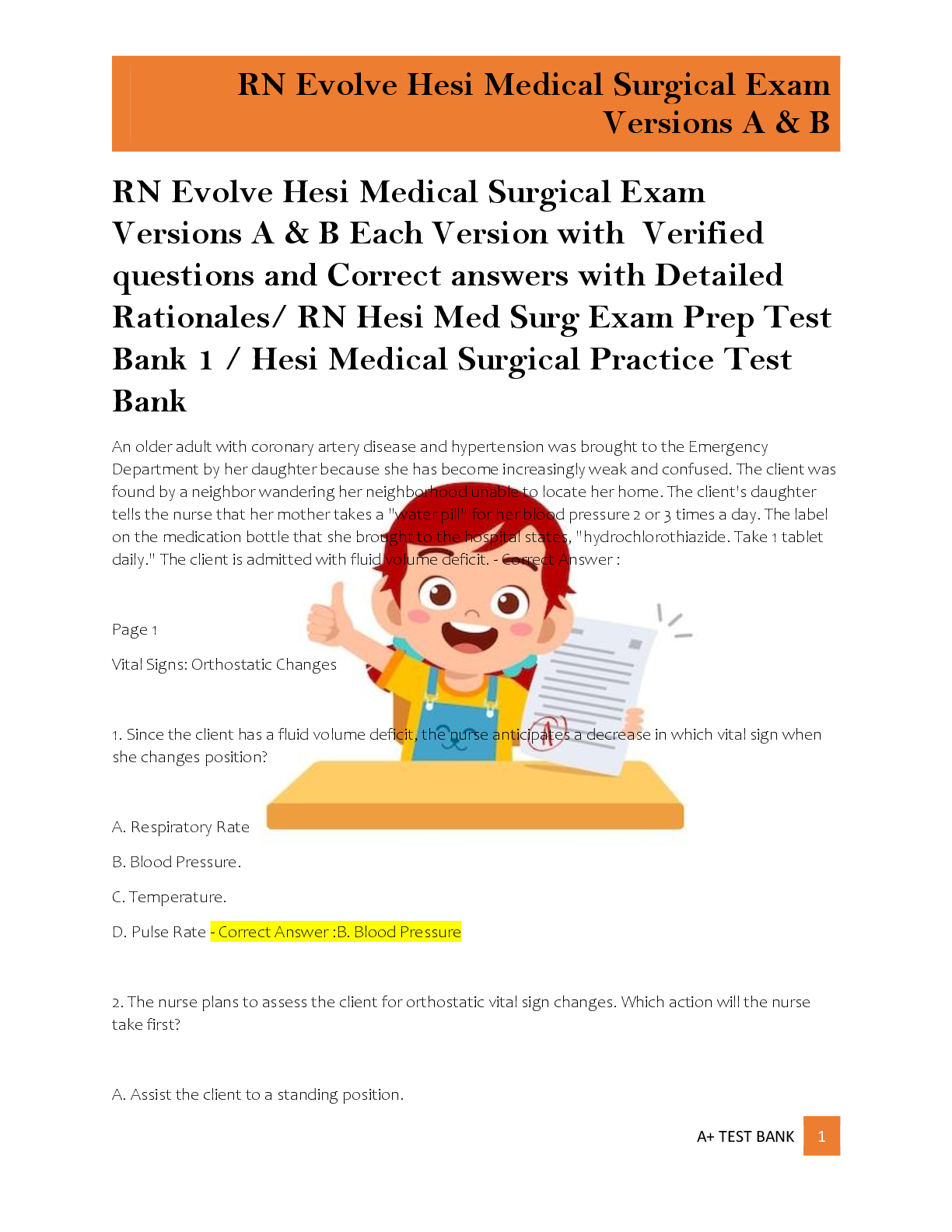Preview of RN Evolve Hesi Medical Surgical Exam  Versions A & B Each Version with  Verified  question