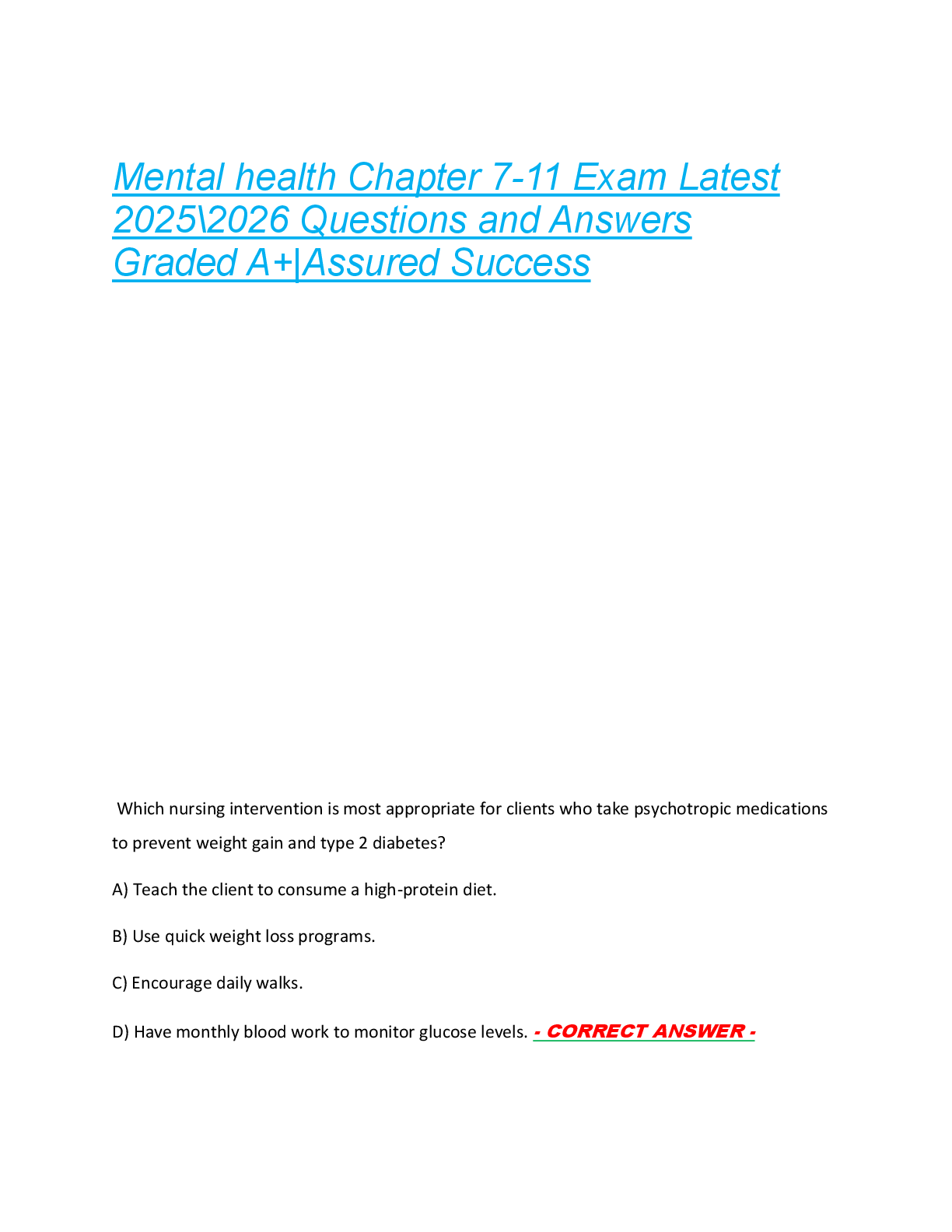 Preview of Mental health Chapter 7-11 Exam Latest  2025\2026 Questions and Answers  Graded A+|Assured