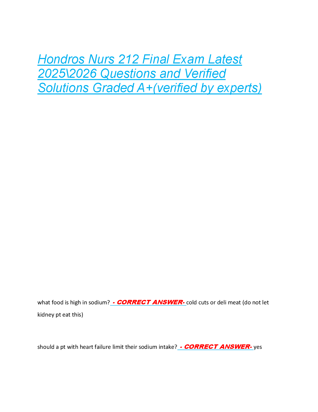 Preview of Hondros Nurs 212 Final Exam Latest  2025\2026 Questions and Verified  Solutions Graded A+(