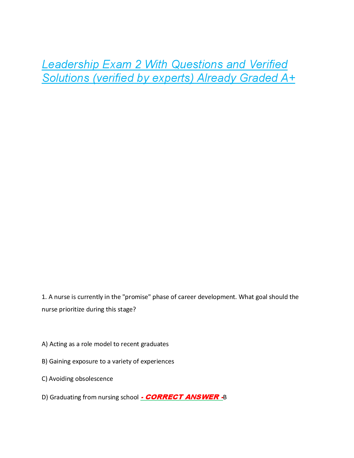 Leadership Exam 2 With Questions and Verified  Solutions (verified by experts) Already Graded A+