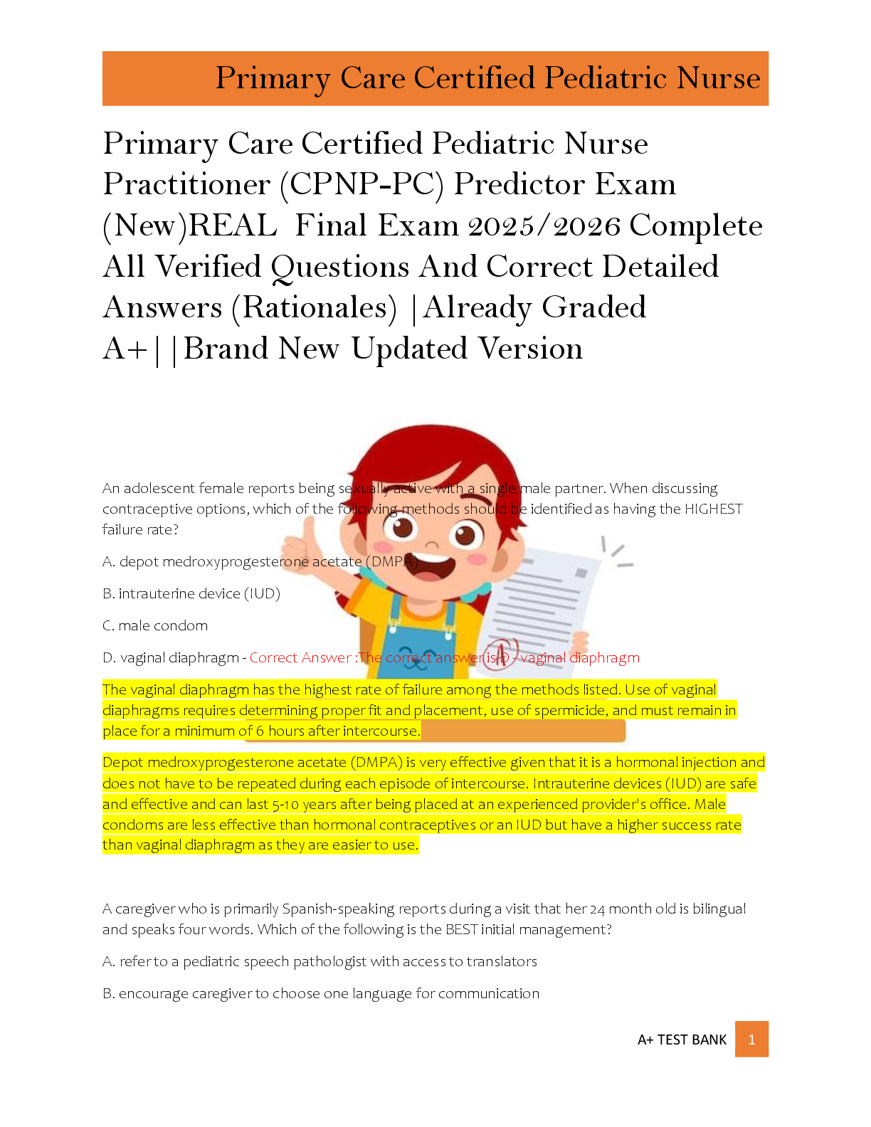 Preview of Primary Care Certified Pediatric Nurse  Practitioner (CPNP-PC) Predictor Exam  (New)REAL
