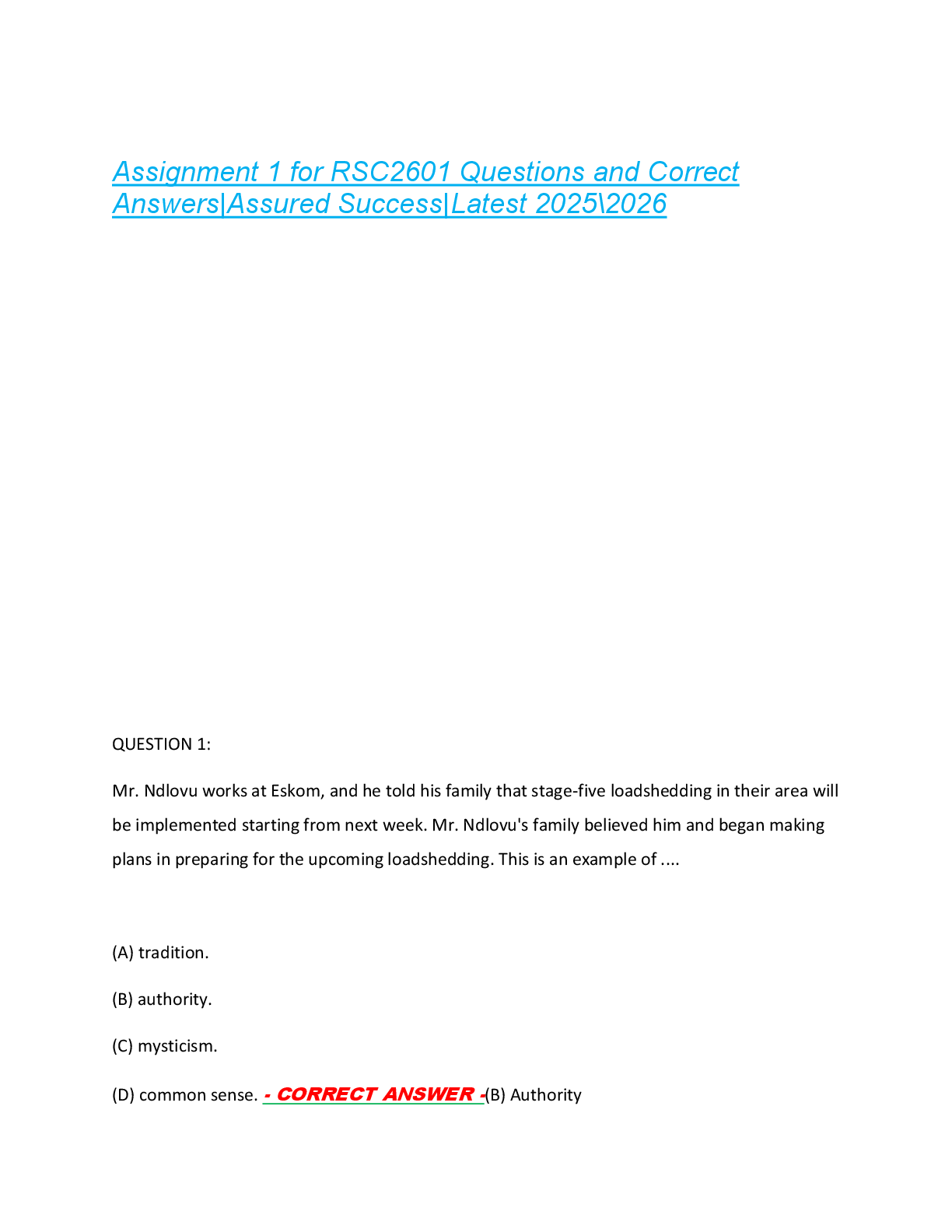 Preview of Assignment 1 for RSC2601 Questions and Correct  Answers|Assured Success|Latest 2025\2026