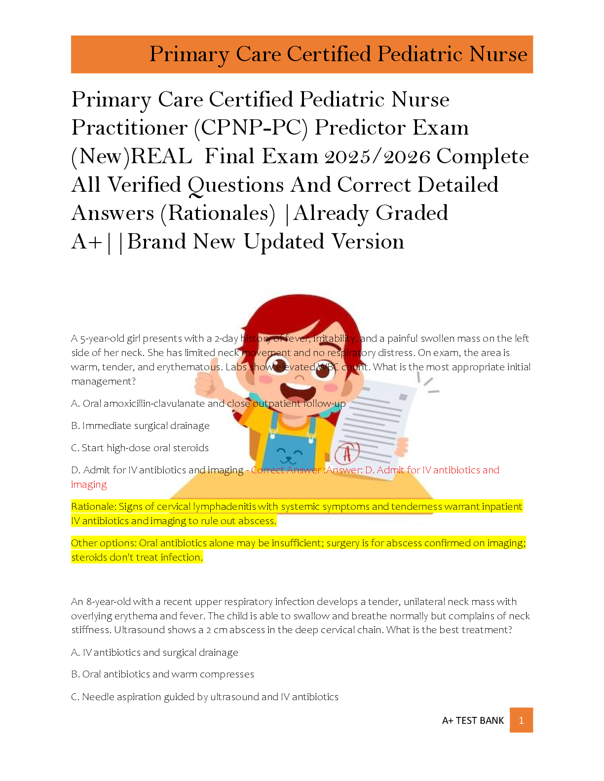 Primary Care Certified Pediatric Nurse  Practitioner (CPNP-PC) Predictor Exam  (New)REAL  Final Exam 2025/2026 Complete  All Verified Questions And Correct Detailed  Answers (Rationales) |Already Graded  A+||Brand New Updated Version