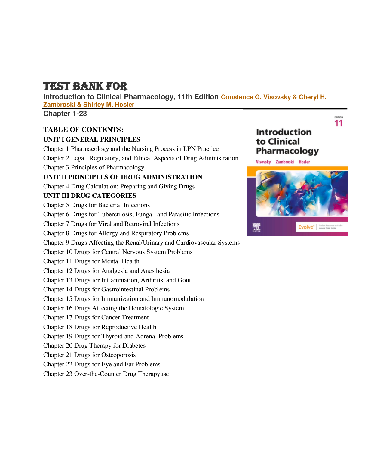 Preview image for Test Bank For Introduction to Clinical Pharmacology,11th Edition Constance G. Visovsky & Cheryl H. Zambroski & Shirley M. Hosler Chapter 1-23 A+