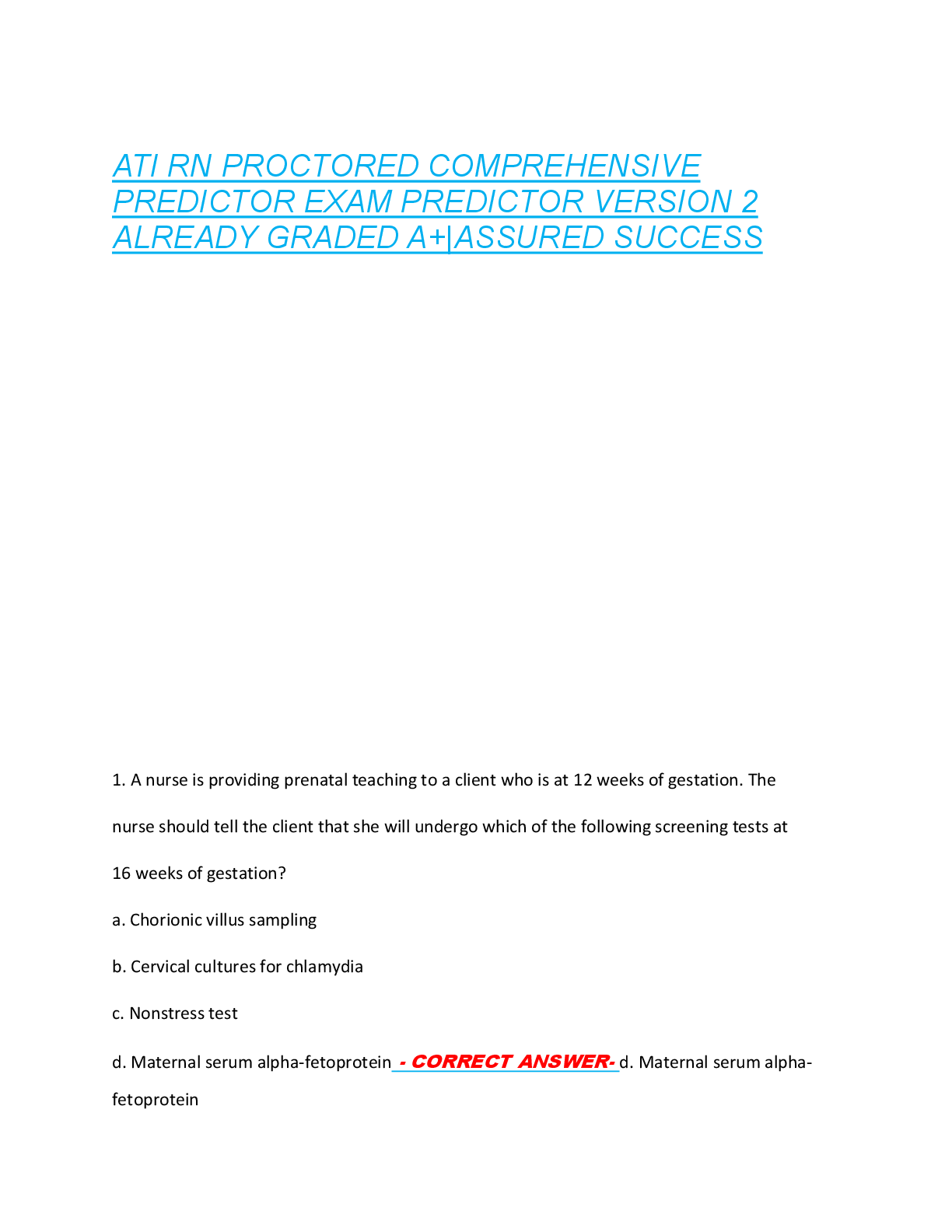 ATI RN PROCTORED COMPREHENSIVE  PREDICTOR EXAM PREDICTOR VERSION 2   ALREADY GRADED A+|ASSURED SUCCESS