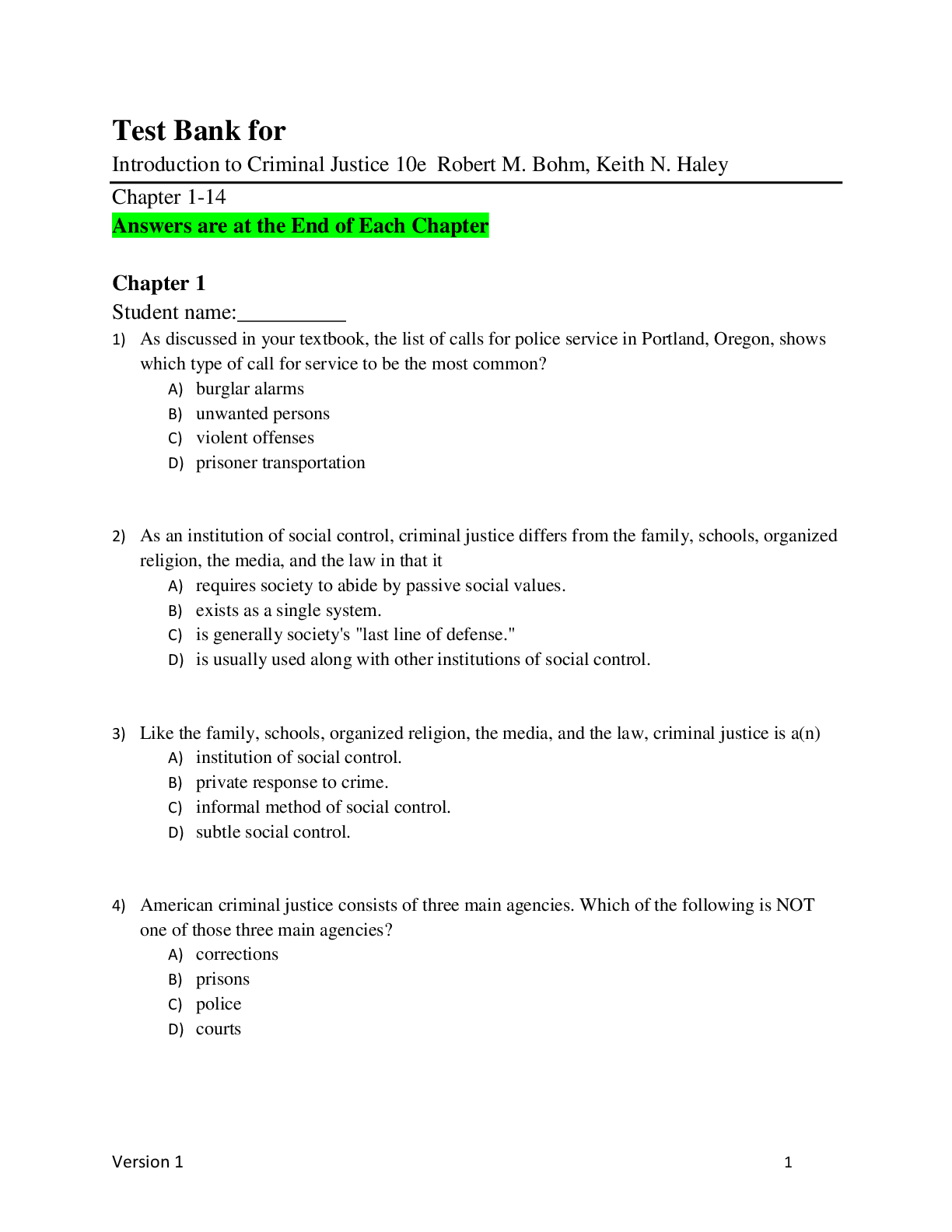 Preview image for Test Bank for Introduction to Criminal Justice 10th Edition by Robert M. Bohm, Keith N. Haley Chapter 1-14 A+