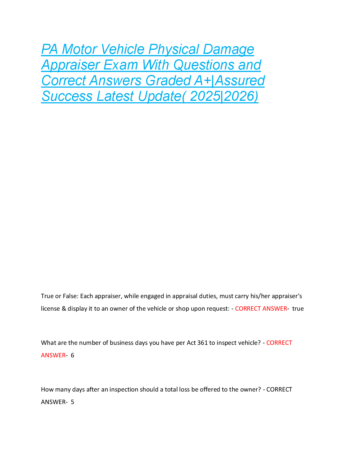 Preview of PA Motor Vehicle Physical Damage  Appraiser Exam With Questions and  Correct Answers Grade