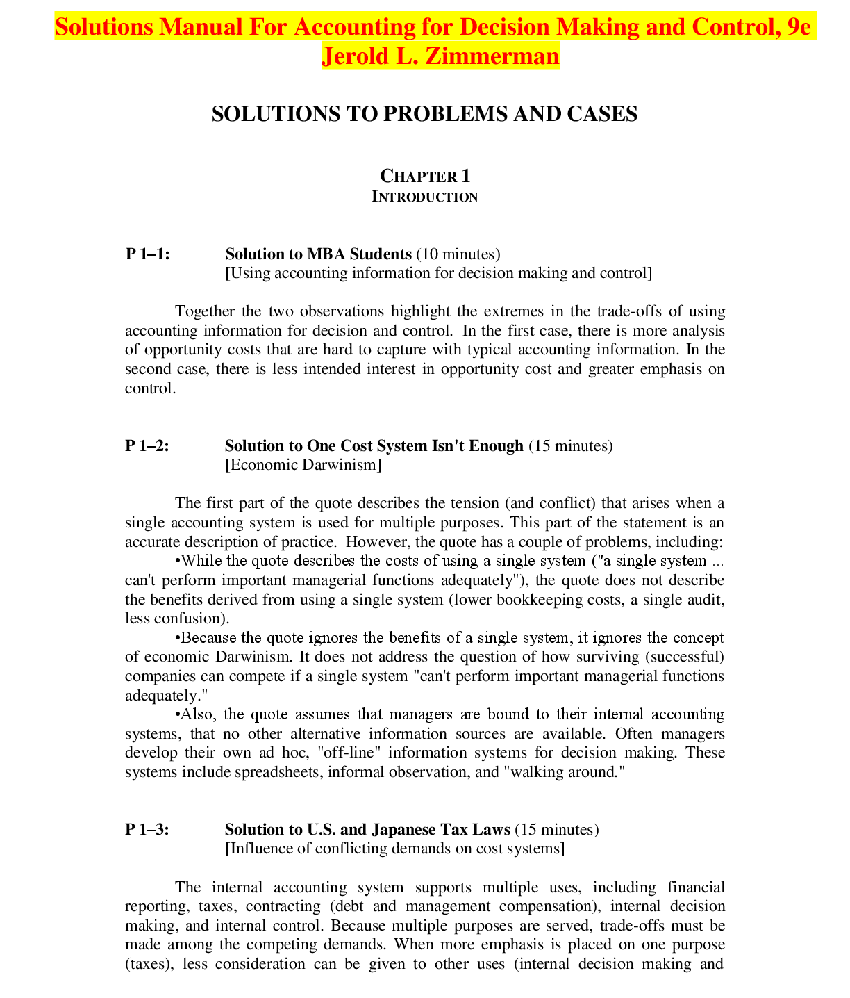 Preview image for Solutions Manual For Accounting for Decision Making and Control, 9th Edition by Jerold L. Zimmerman A+