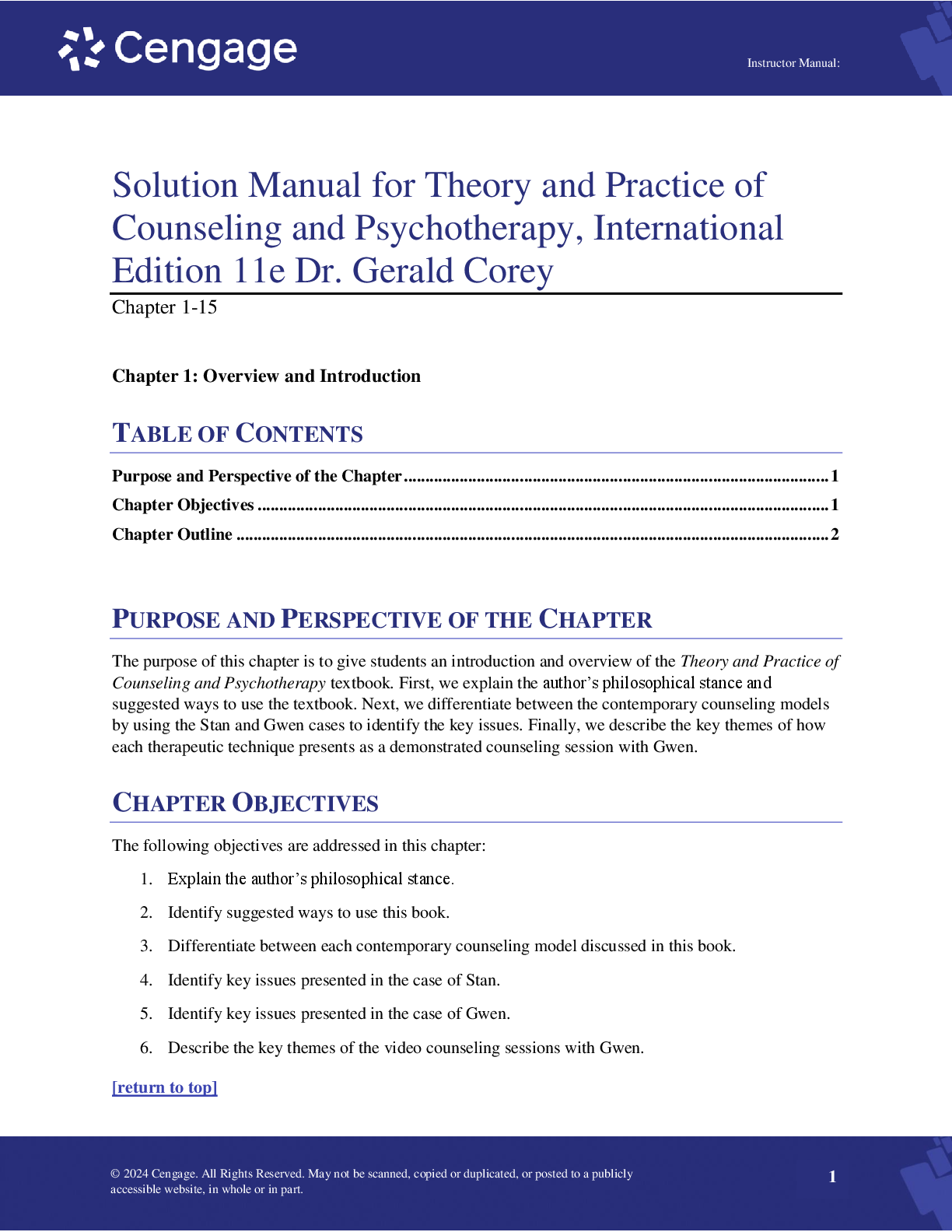 Preview image for Solution Manual for Theory and Practice of Counseling and Psychotherapy, International Edition 11th Edition by Dr. Gerald Corey Chapter 1-15 A+