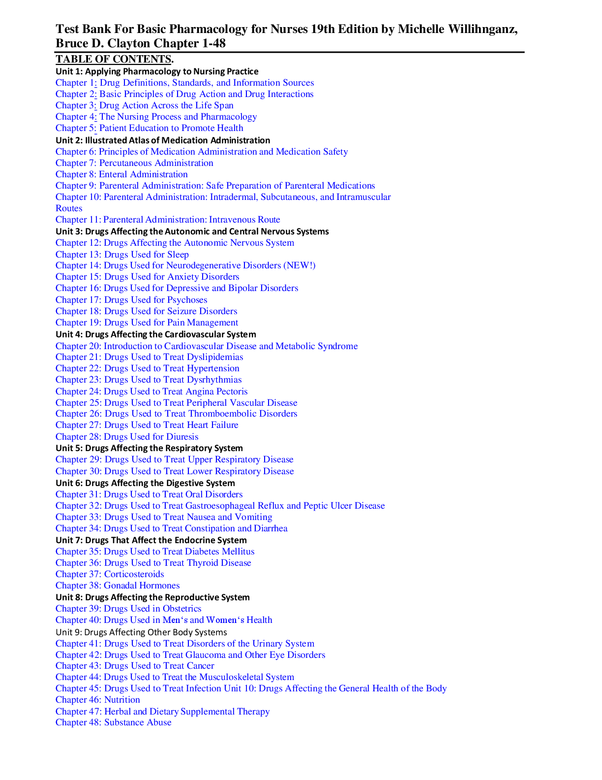 Preview image for Test Bank For Basic Pharmacology for Nurses 19th Edition by Michelle Willihnganz, Bruce D. Clayton Chapter 1-48