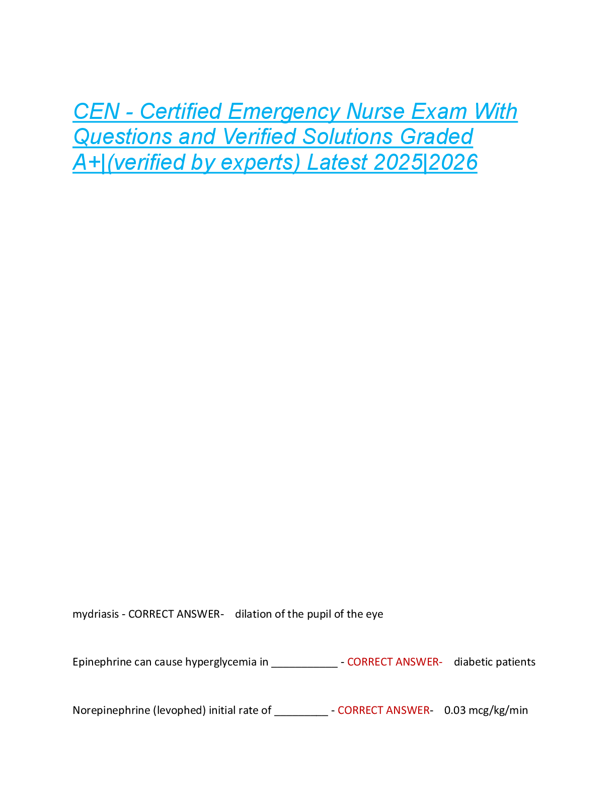 Preview of CEN - Certified Emergency Nurse Exam With  Questions and Verified Solutions Graded  A+|(ve
