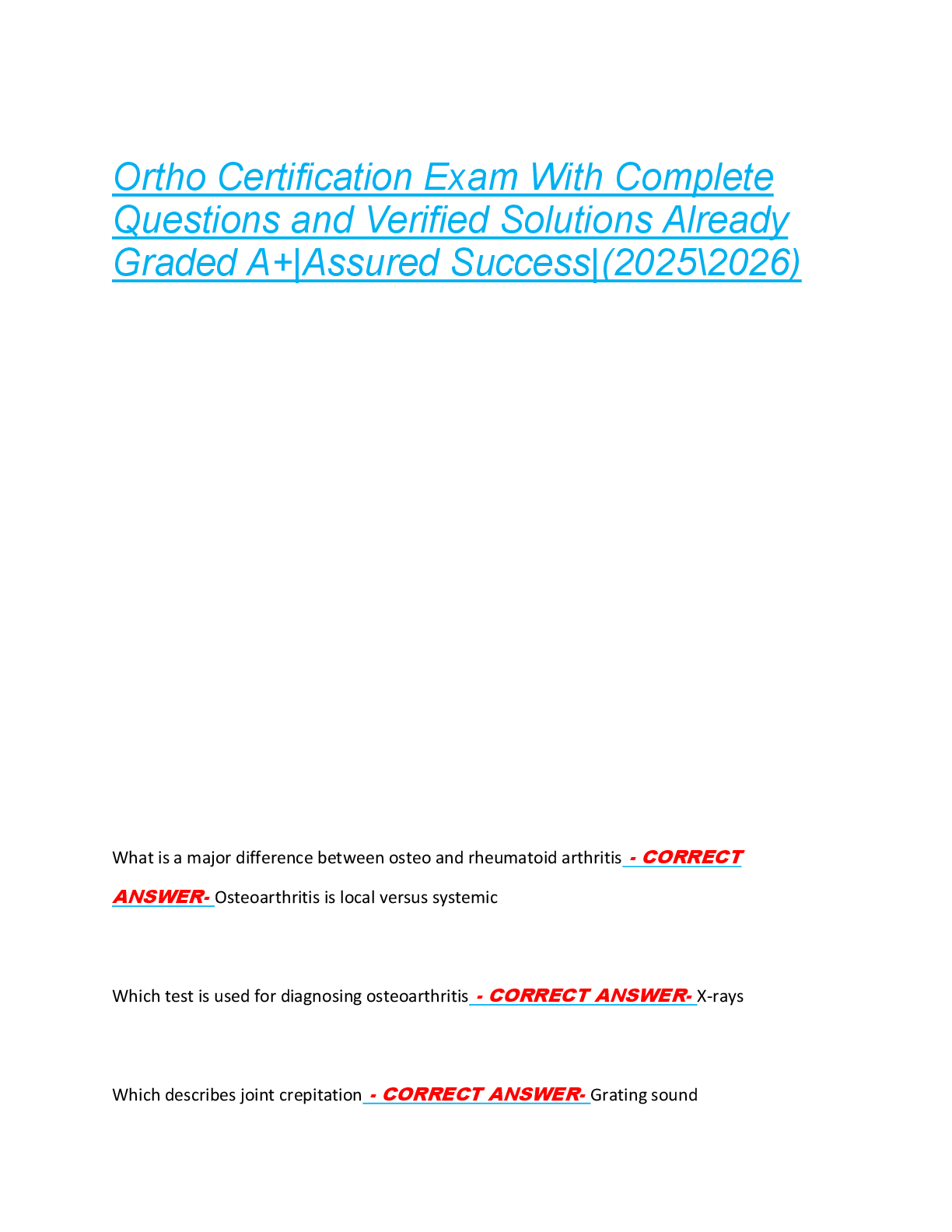 Preview of Ortho Certification Exam With Complete  Questions and Verified Solutions Already  Graded A+|Assured Success|(2025\2026)