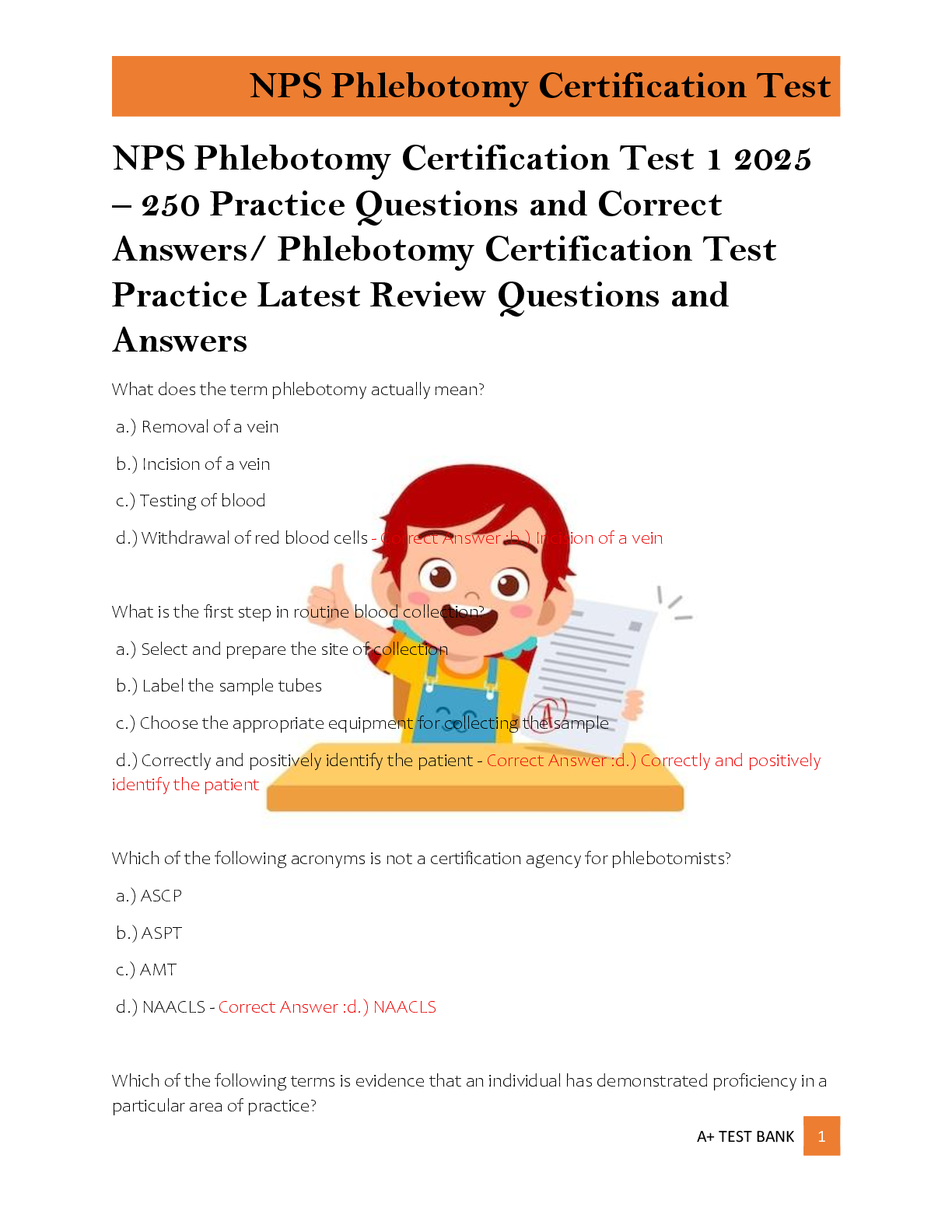 Preview of NPS Phlebotomy Certification Test 1 2025 – 250 Practice Questions and Correct  Answers/ Ph