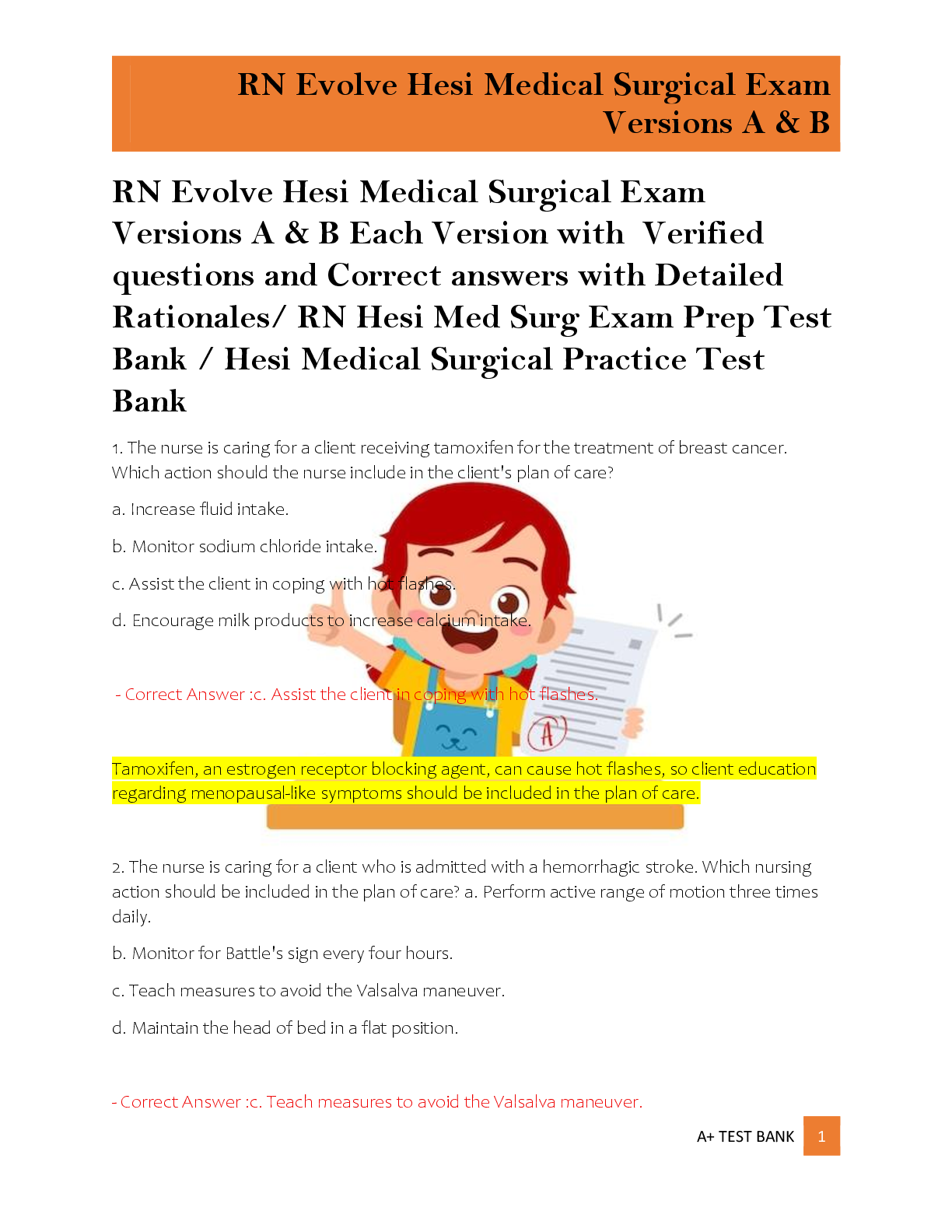 Preview of RN Evolve Hesi Medical Surgical Exam  Versions A & B Each Version with  Verified  question