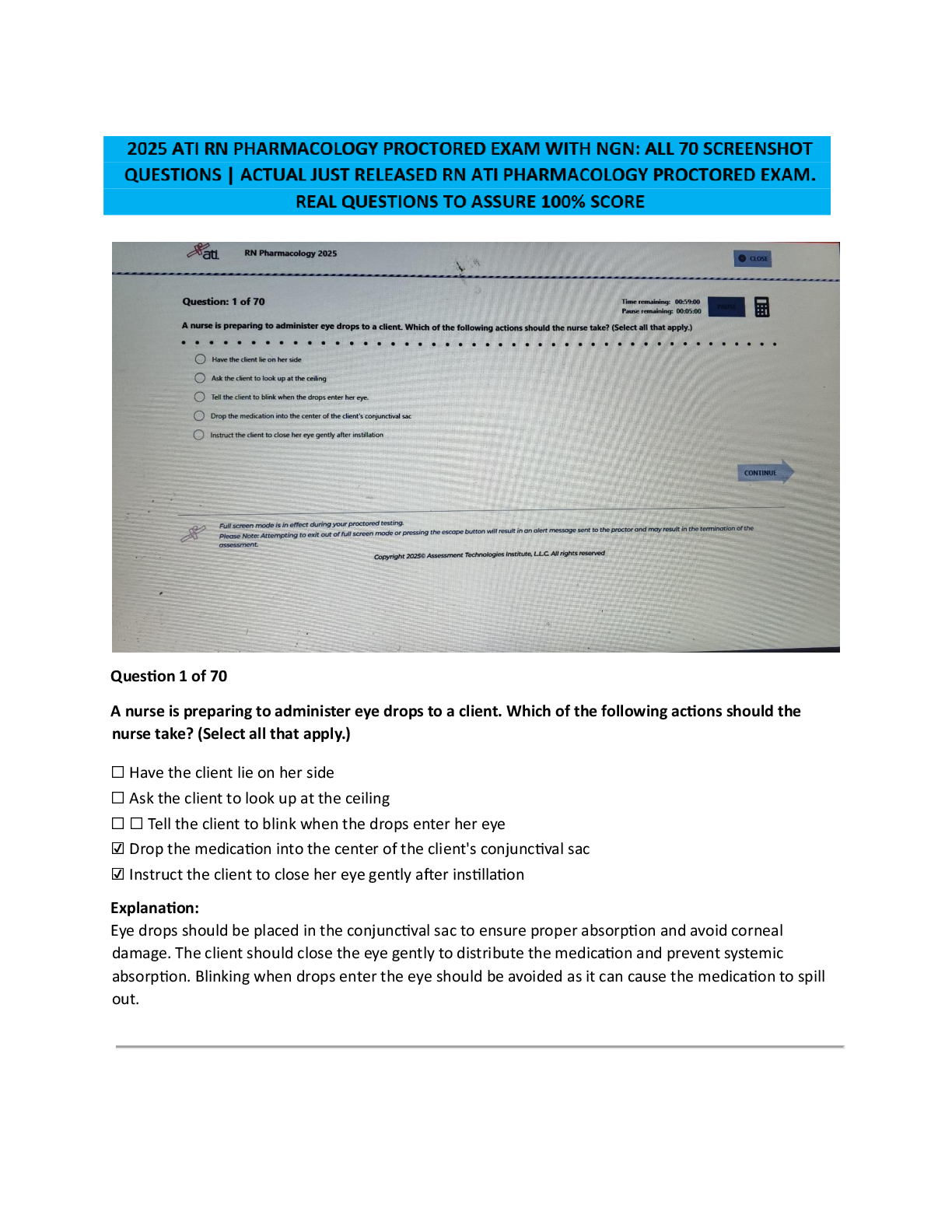 Preview of ATI RN Pharmacology Nursing Proctored Exam   with NGN: Actual 70 Questions & Answers | Ass