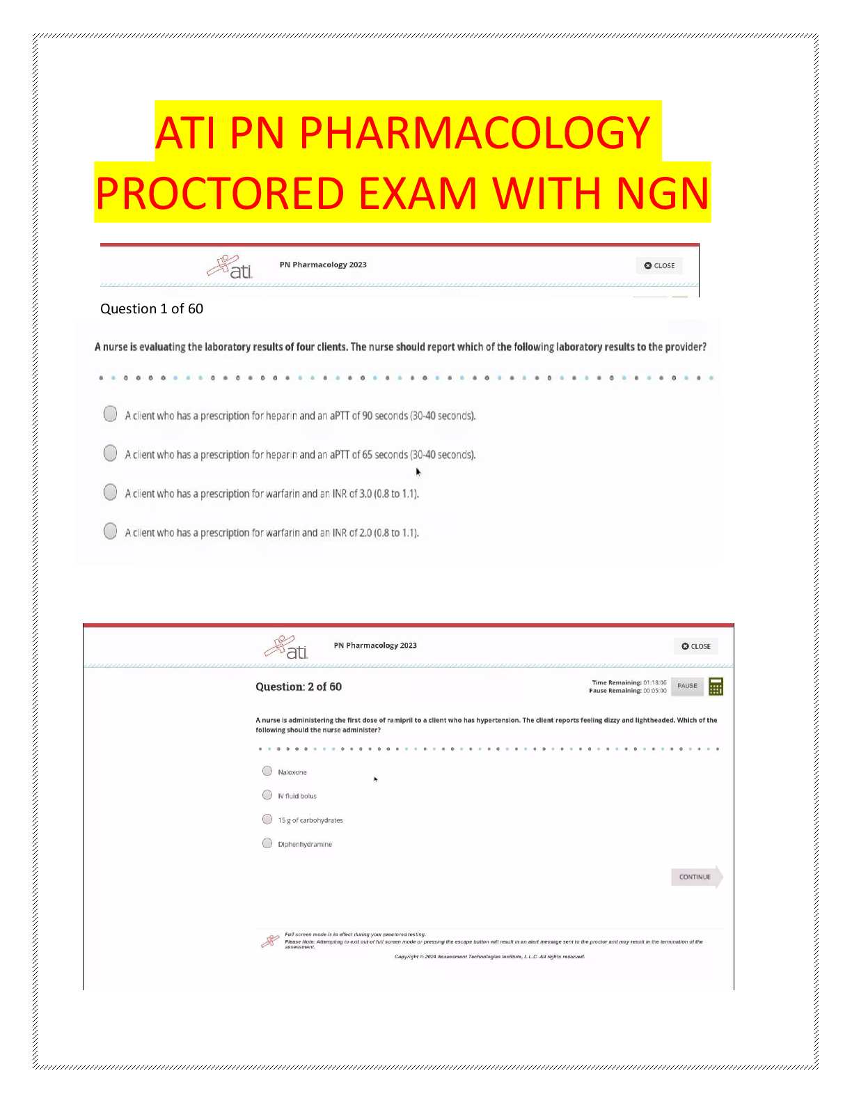 Recommended document preview for ATI PN Pharmacology Nursing Proctored Exam   with NGN: Actual 60 Questions & Answers | Assured 100% Score | Pass Your Upcoming PN ATI Pharmacology Proctored Exam  
