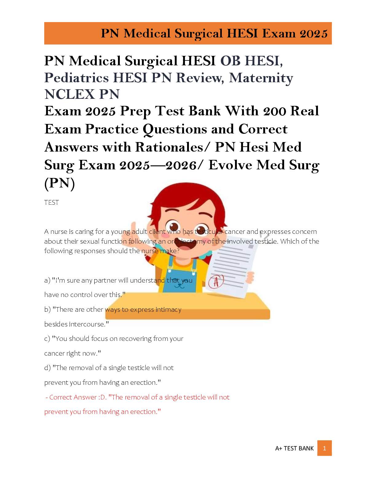 Preview of PN Medical Surgical HESI OB HESI,  Pediatrics HESI PN Review, Maternity  NCLEX PN  Exam 20