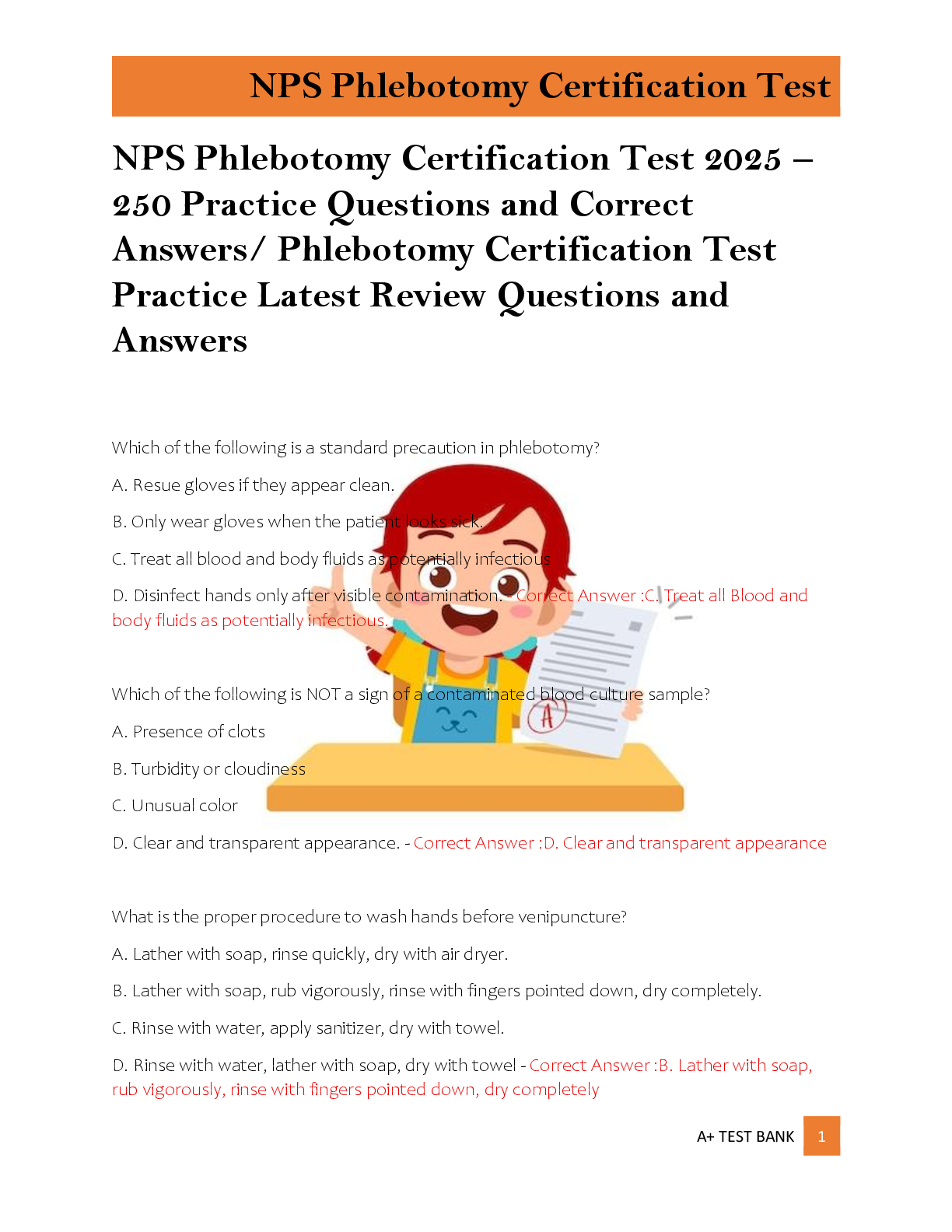 Preview of NPS Phlebotomy Certification Test 2025 –  250 Practice Questions and Correct  Answers/ Phl