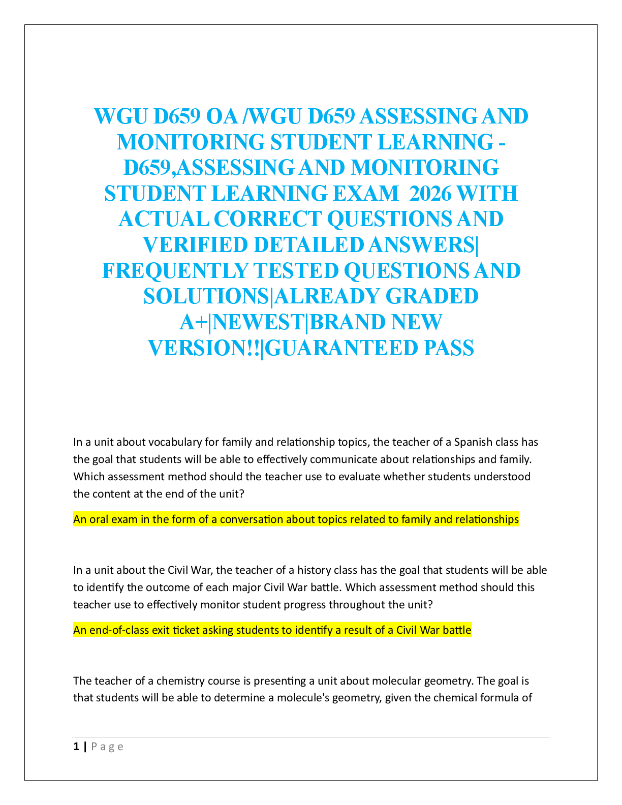 Preview image for WGU D659 OA /WGU D659 ASSESSING AND  MONITORING STUDENT LEARNING  D659,ASSESSING AND MONITORING  STUDENT LEARNING