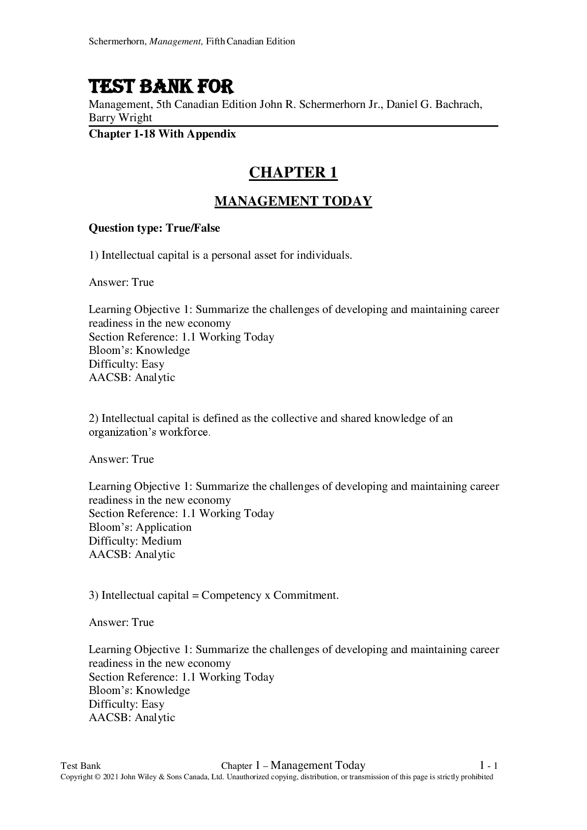 Preview image for Test Bank For Management, 5th Canadian Edition John R. Schermerhorn Jr., Daniel G. Bachrach, Barry Wright Chapter 1-18 With Appendix A+