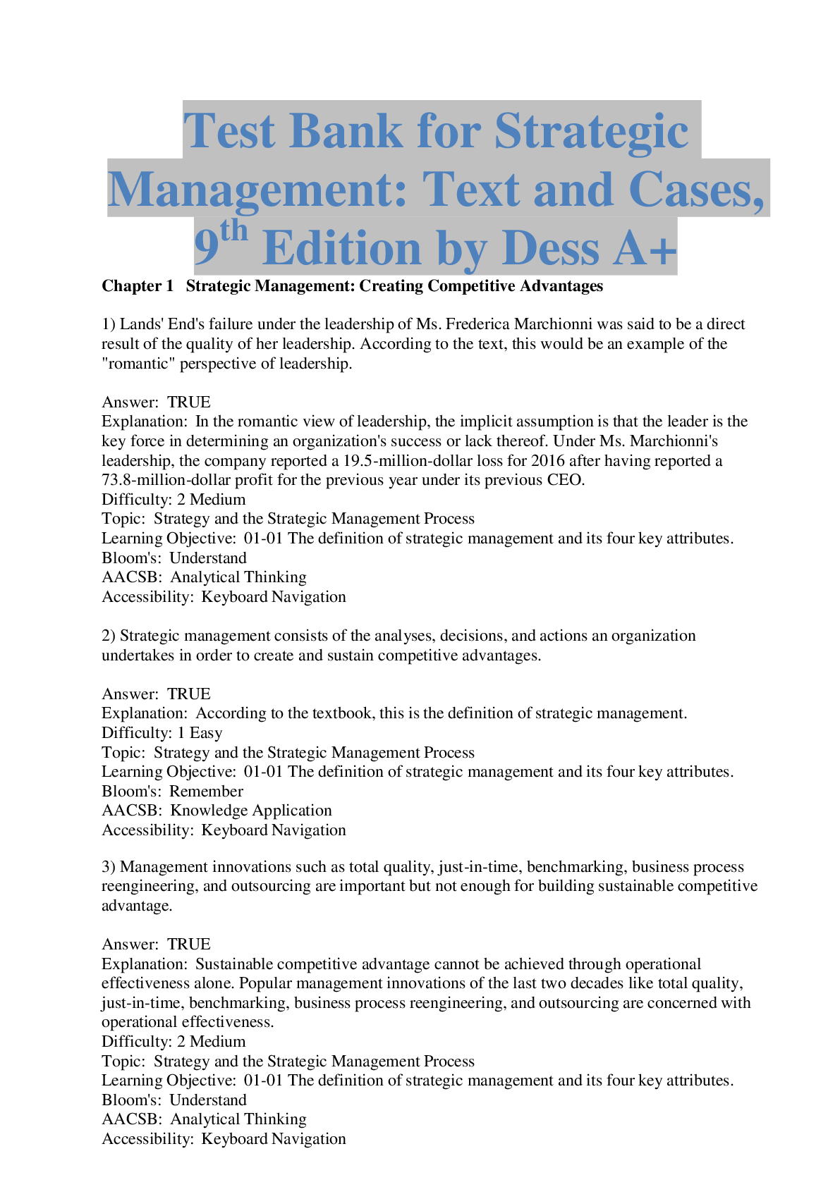 Preview image for Test Bank for Strategic Management: Text and Cases, 9th Edition by Dess A+