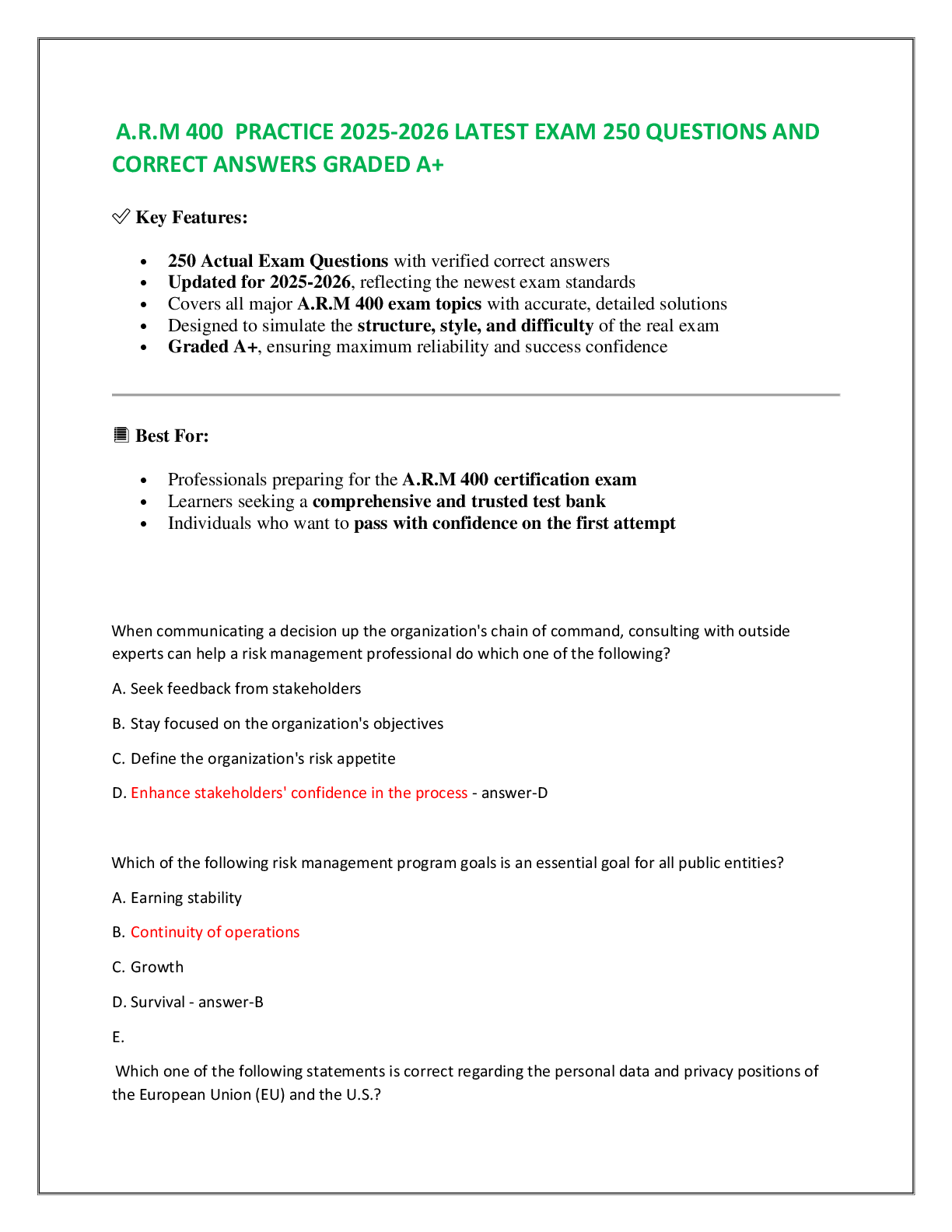 A.R.M 400  PRACTICE 2025-2026 LATEST EXAM 250 QUESTIONS AND CORRECT ANSWERS GRADED A+