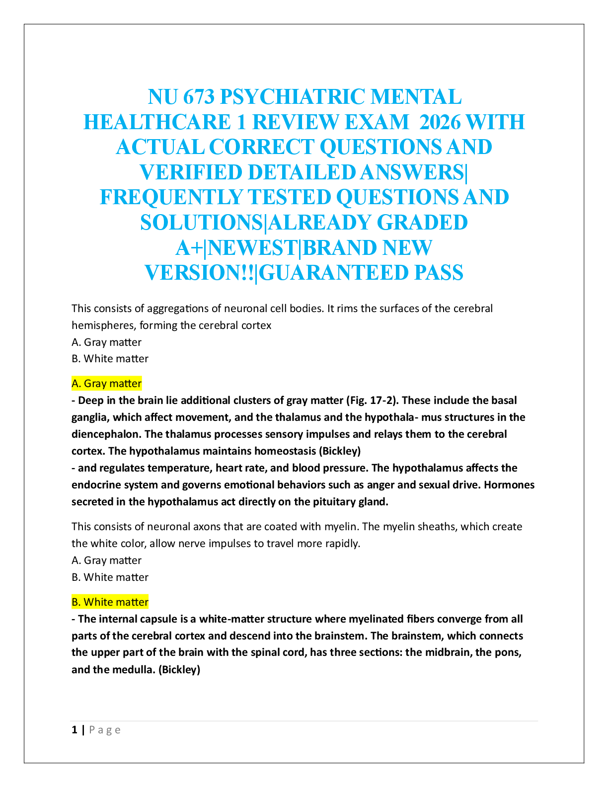 Preview of NU 673 PSYCHIATRIC MENTAL  HEALTHCARE 1 REVIEW EXAM  2026