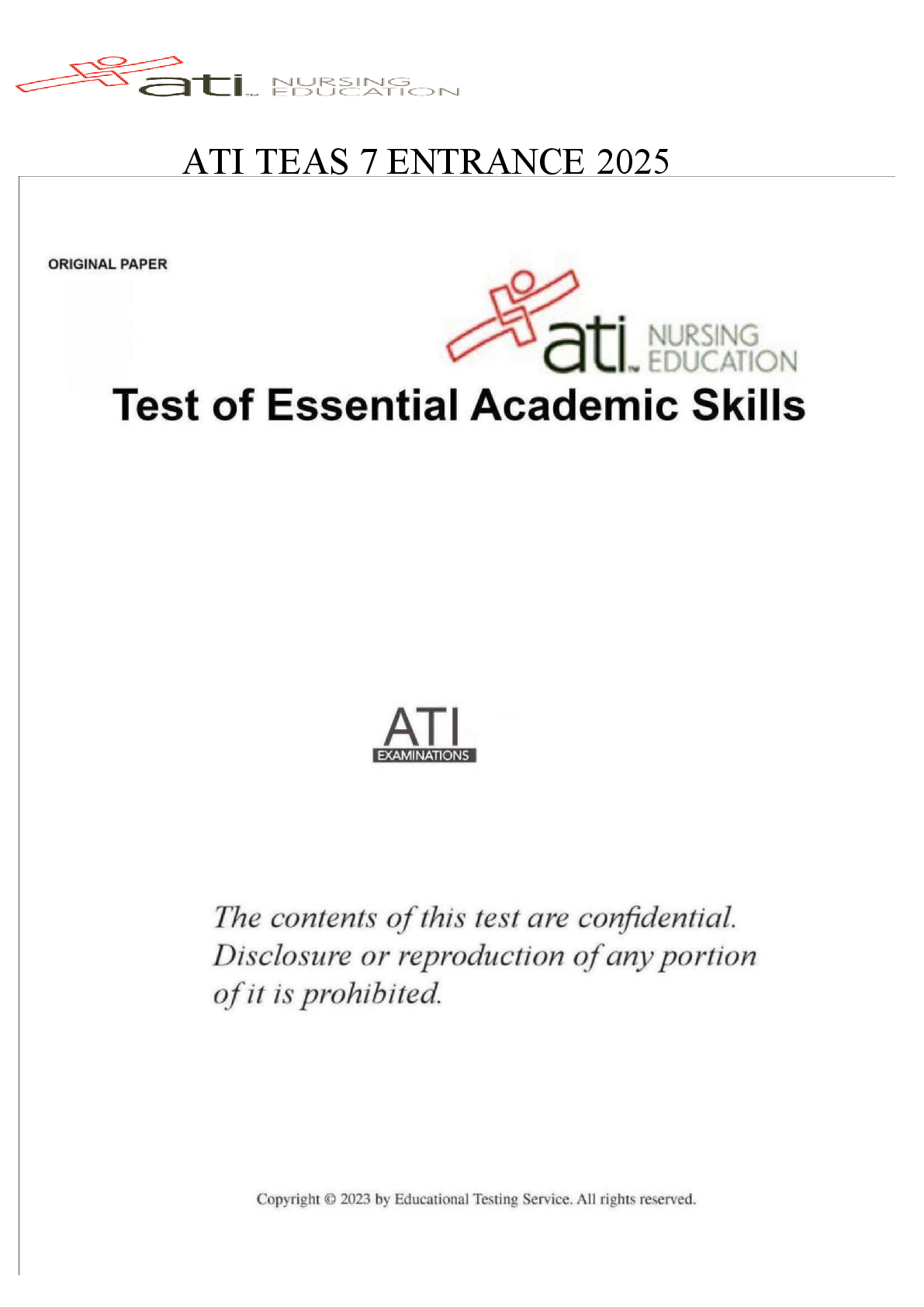 Preview image for ATI TEAS 7 ENTRANCE EXAM 2025 (READING, MATHEMATICS, SCIENCE AND ENGLISH AND LANGUAGE USAGE) latest version