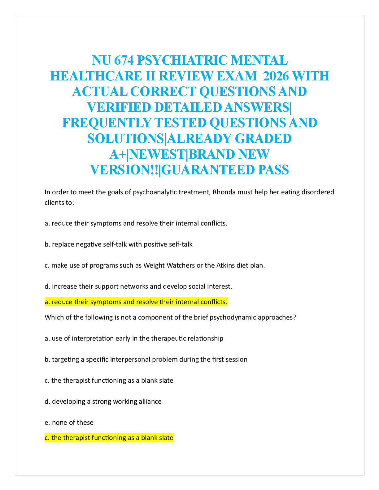Preview of NU 674 PSYCHIATRIC MENTAL  HEALTHCARE II REVIEW EXAM  2026