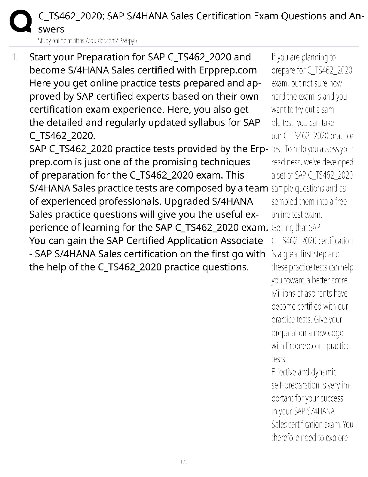 Preview of C_TS462_2020 SAP S/4HANA Sales Certification / Exam Questions &amp; Answers / 2025 Update / Score 100%