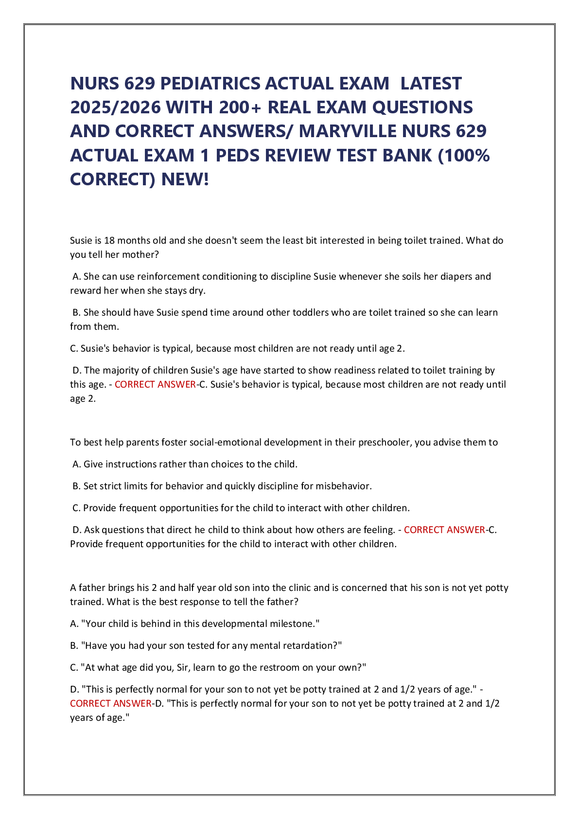 NURS 629 PEDIATRICS ACTUAL EXAM  LATEST  2025/2026 WITH 200+ REAL EXAM QUESTIONS  AND CORRECT ANSWERS/ MARYVILLE NURS 629  ACTUAL EXAM 1 PEDS REVIEW TEST BANK (100%  CORRECT) NEW!
