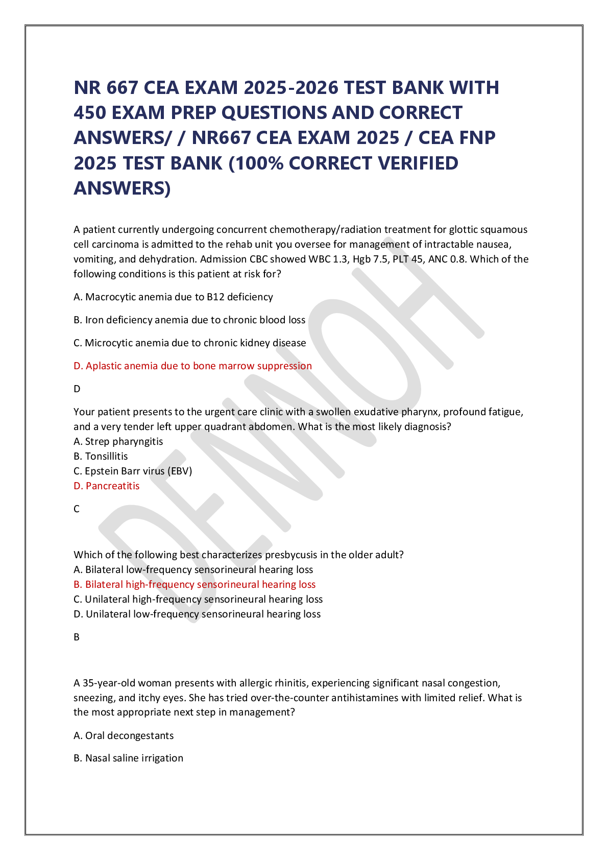 Recommended document preview for NR 667 CEA EXAM 2025-2026 TEST BANK WITH  450 EXAM PREP QUESTIONS AND CORRECT  ANSWERS/ / NR667 CEA EXAM 2025 / CEA FNP  2025 TEST BANK (100% CORRECT VERIFIED  ANSWERS)