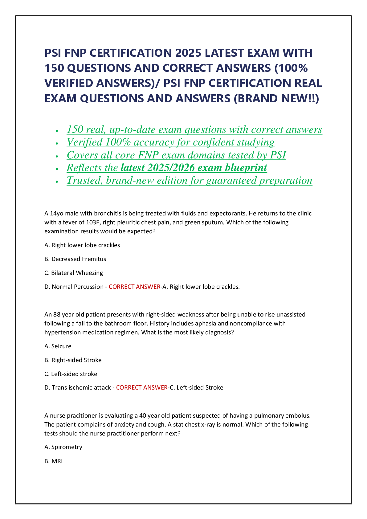 PSI FNP CERTIFICATION 2025 LATEST EXAM WITH  150 QUESTIONS AND CORRECT ANSWERS (100%  VERIFIED ANSWERS)/ PSI FNP CERTIFICATION REAL  EXAM QUESTIONS AND ANSWERS (BRAND NEW!!)