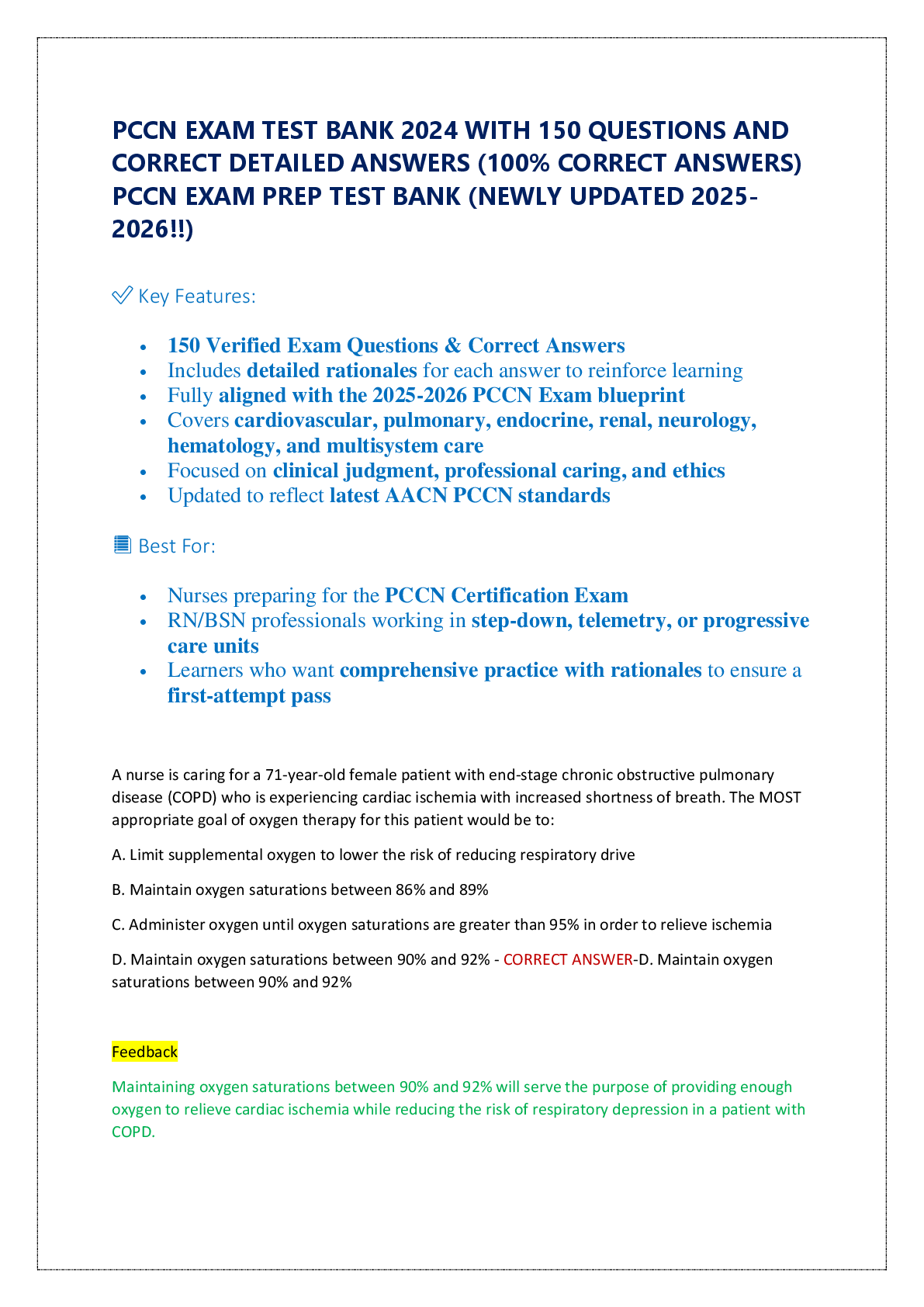 Preview of PCCN EXAM TEST BANK 2024 WITH 150 QUESTIONS AND  CORRECT DETAILED ANSWERS (100% CORRECT AN