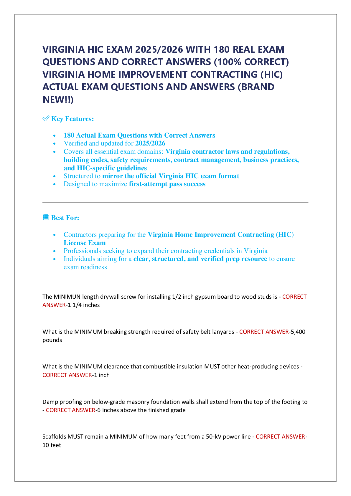 VIRGINIA HIC EXAM 2025/2026 WITH 180 REAL EXAM  QUESTIONS AND CORRECT ANSWERS (100% CORRECT)  VIRGINIA HOME IMPROVEMENT CONTRACTING (HIC)  ACTUAL EXAM QUESTIONS AND ANSWERS (BRAND  NEW!!)