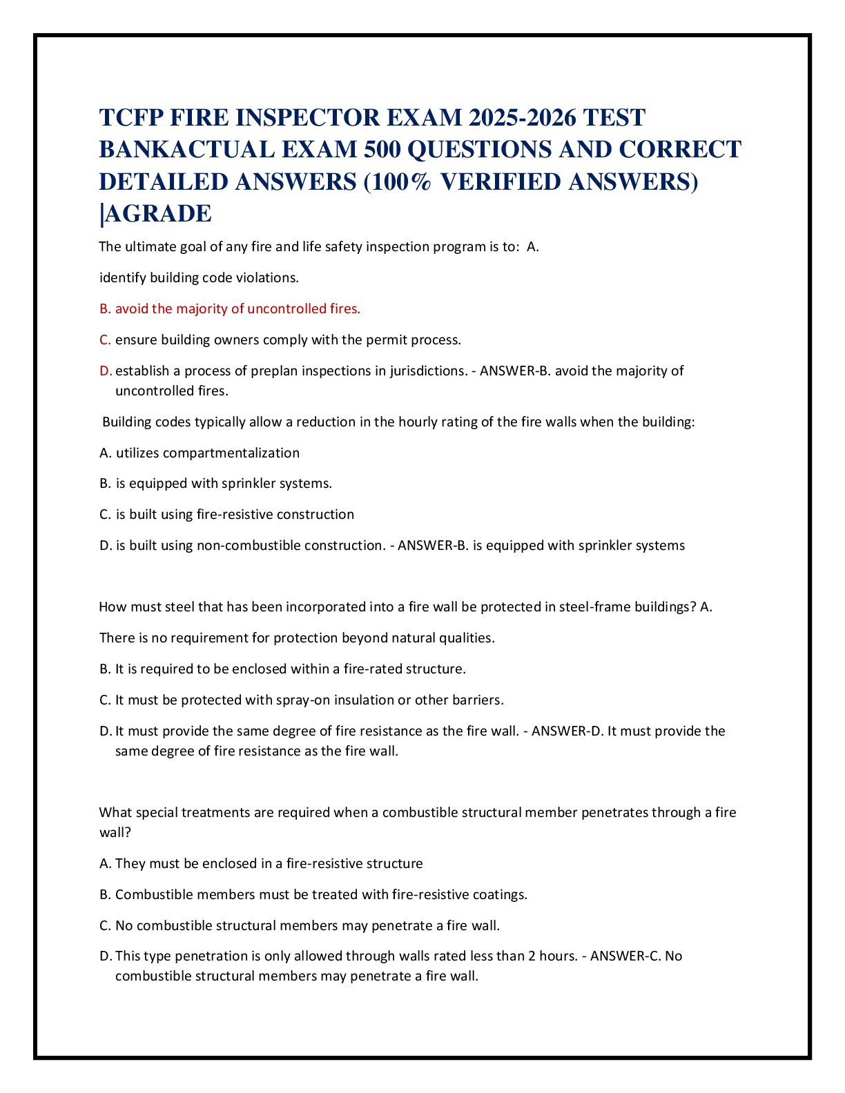 Recommended document preview for TCFP FIRE INSPECTOR EXAM 2025-2026 TEST   BANKACTUAL EXAM 500 QUESTIONS AND CORRECT   DETAILED ANSWERS (100% VERIFIED ANSWERS)  |AGRADE