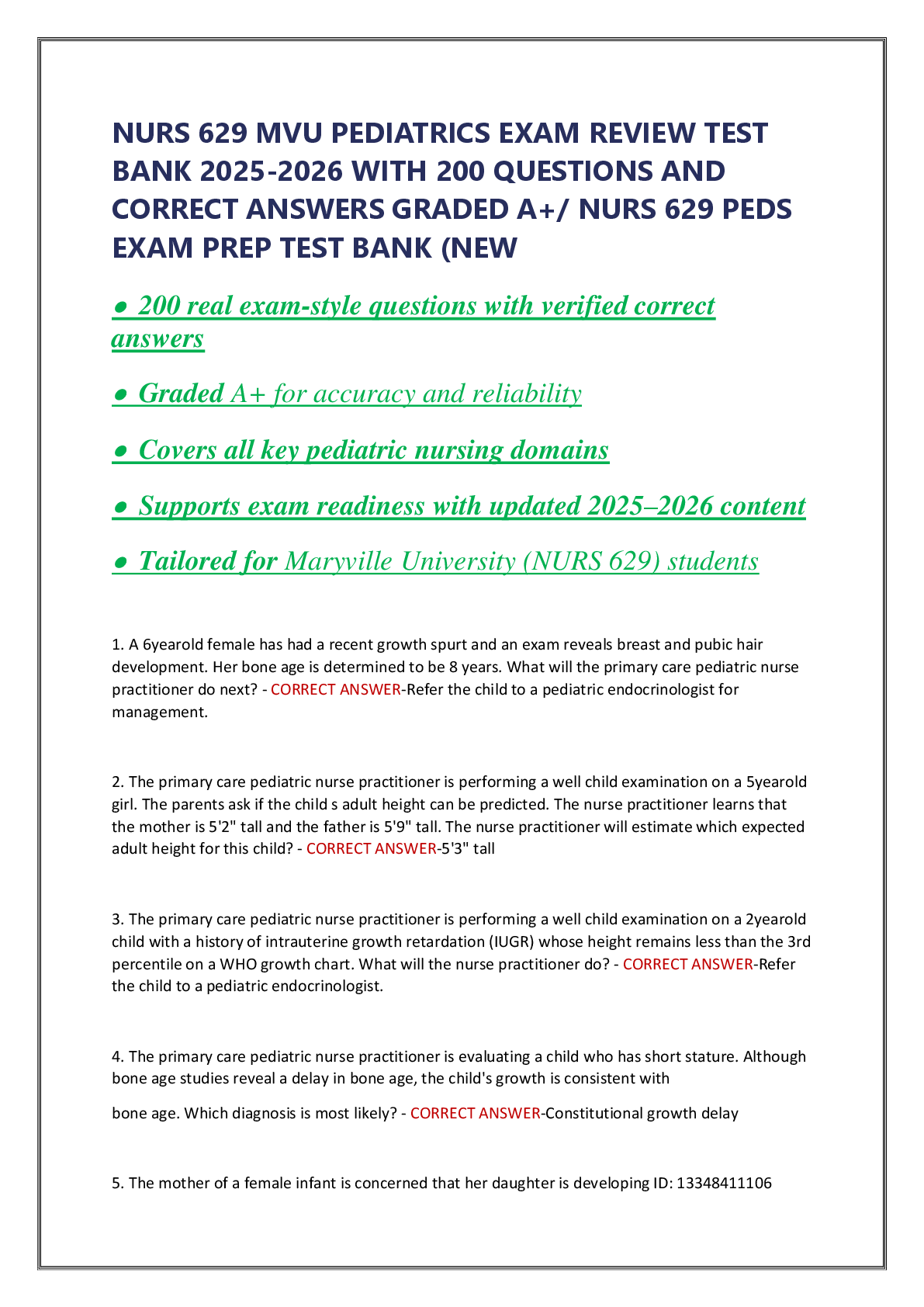 Preview of NURS 629 MVU PEDIATRICS EXAM REVIEW TEST  BANK 2025-2026 WITH 200 QUESTIONS AND  CORRECT ANSWERS GRADED A+/ NURS 629 PEDS  EXAM PREP TEST BANK (NEW