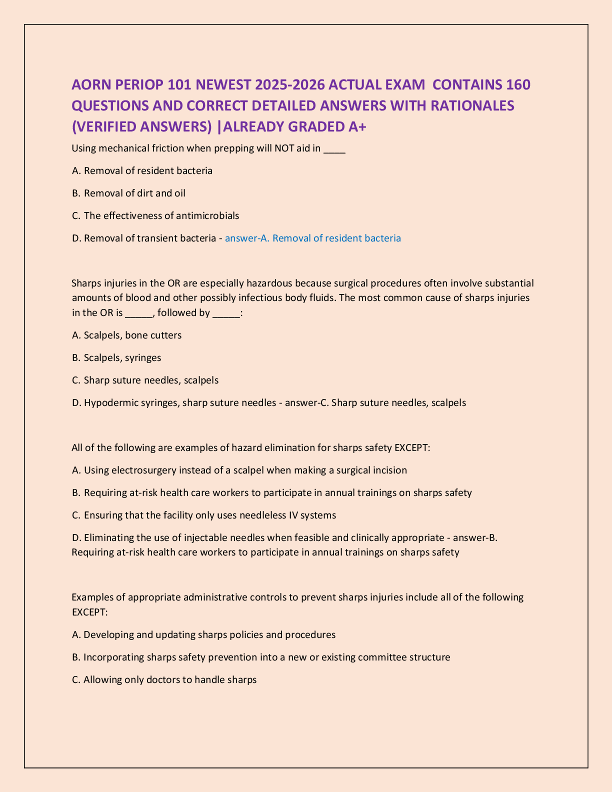 AORN PERIOP 101 NEWEST 2025-2026 ACTUAL EXAM  CONTAINS 160   QUESTIONS AND CORRECT DETAILED ANSWERS WITH RATIONALES  (VERIFIED ANSWERS) |ALREADY GRADED A+