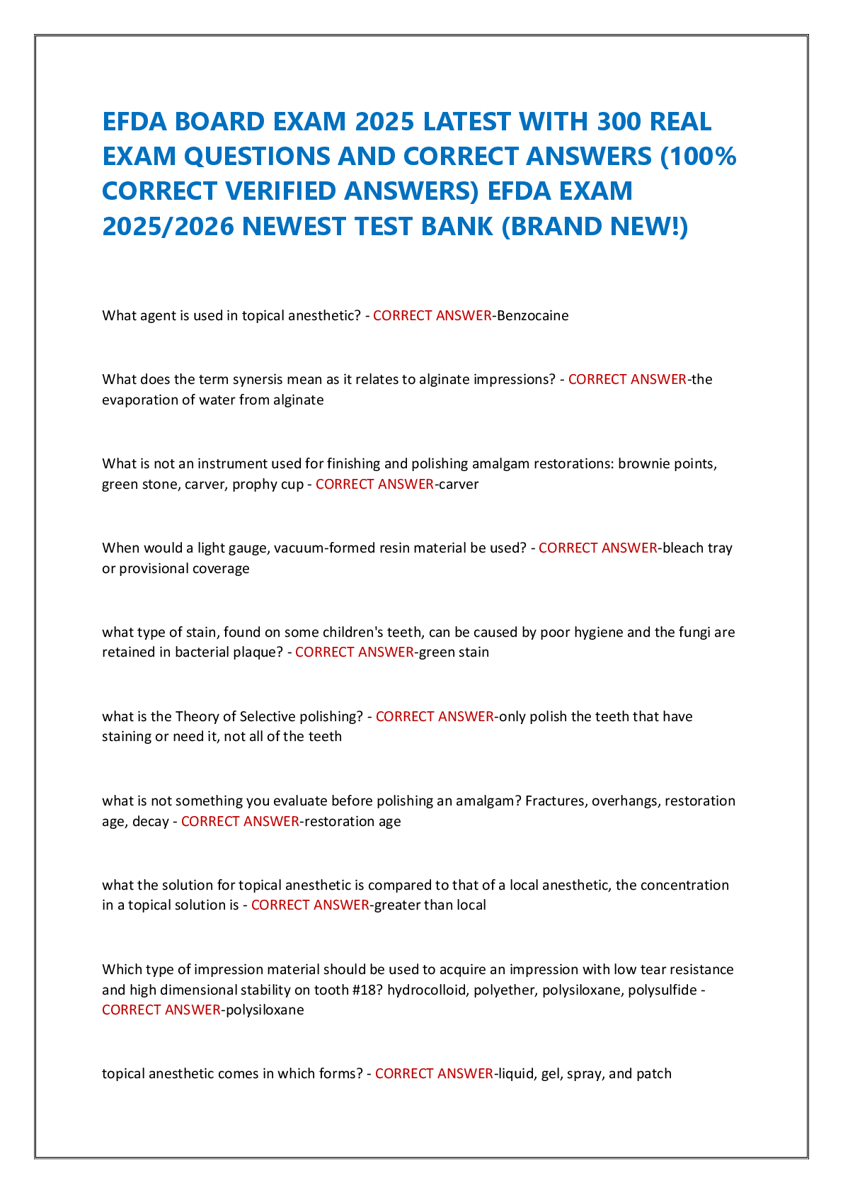 Preview of EFDA BOARD EXAM 2025 LATEST WITH 300 REAL  EXAM QUESTIONS AND CORRECT ANSWERS (100%  CORRECT VERIFIED ANSWERS) EFDA EXAM  2025/2026 NEWEST TEST BANK (BRAND NEW!)
