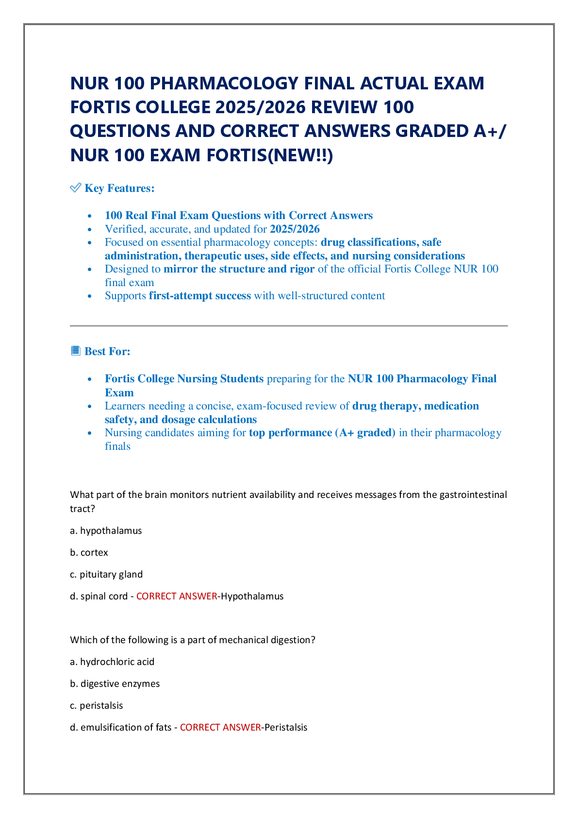NUR 100 PHARMACOLOGY FINAL ACTUAL EXAM   FORTIS COLLEGE 2025/2026 REVIEW 100  QUESTIONS AND CORRECT ANSWERS GRADED A+/  NUR 100 EXAM FORTIS(NEW!!)